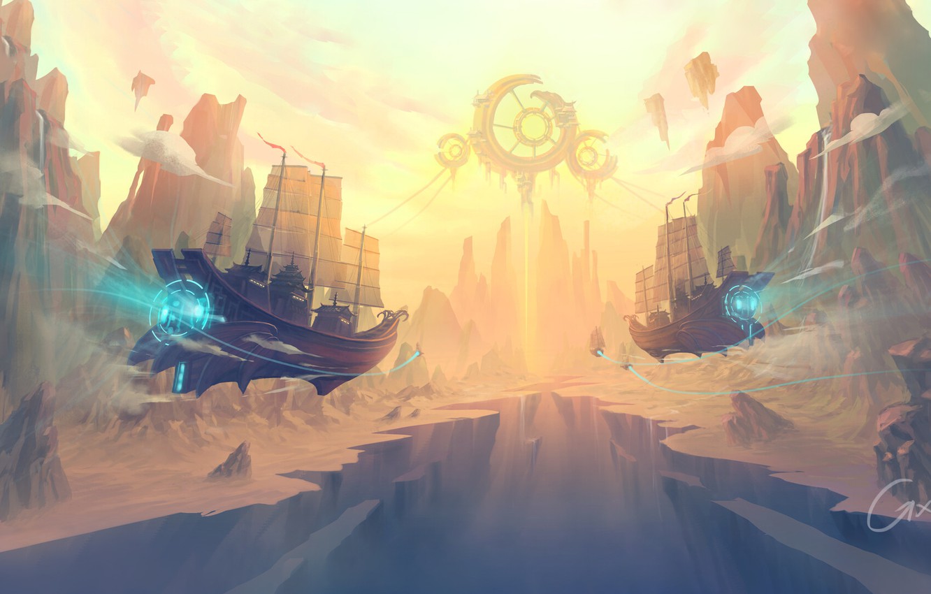 Wallpaper Mountains, Rocks, Ship, Sailboats, Ships, Sails, Art, Fiction, Fly, Flying Ships image for desktop, section фантастика