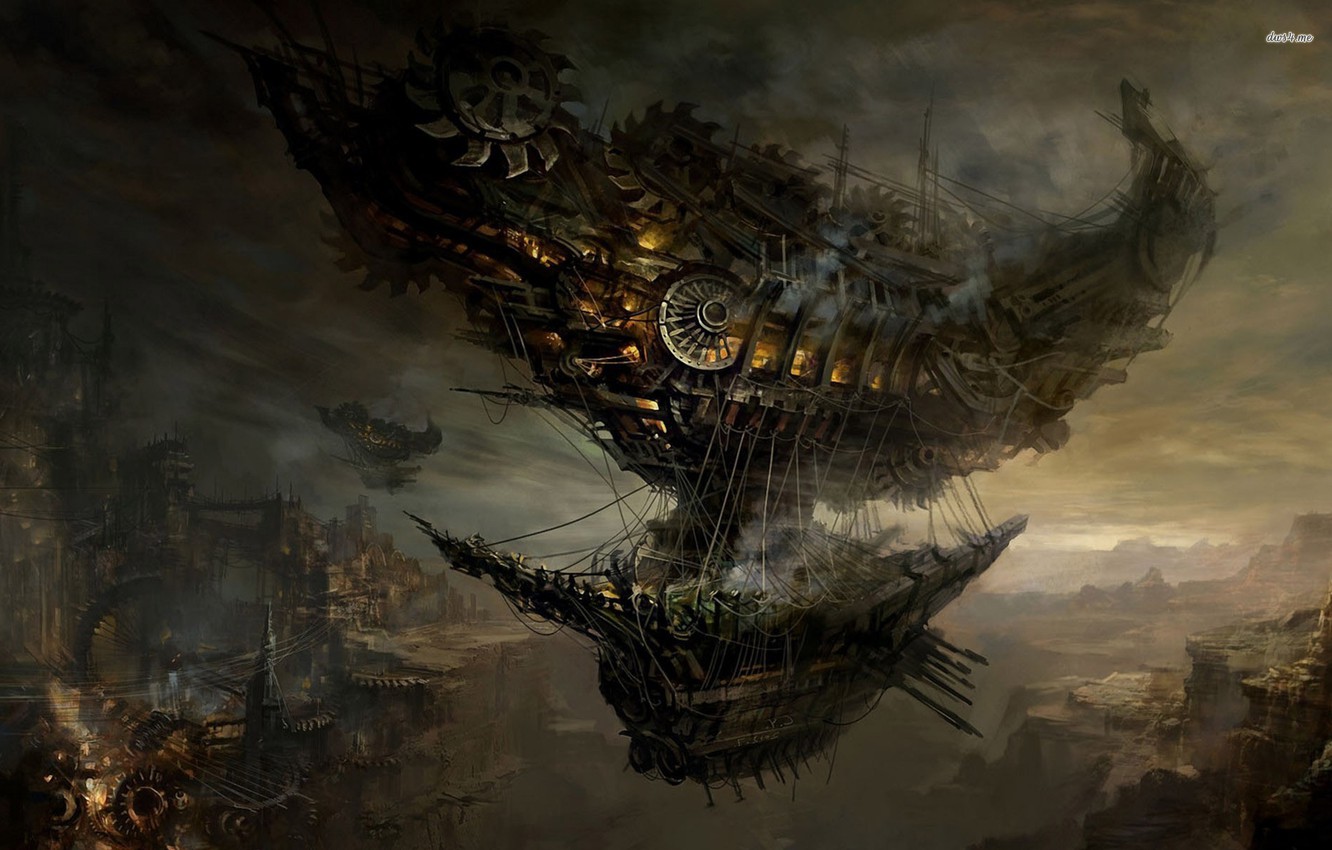 Wallpaper the city, rocks, steampunk, Airbus, dirijabli, flying ship image for desktop, section фантастика