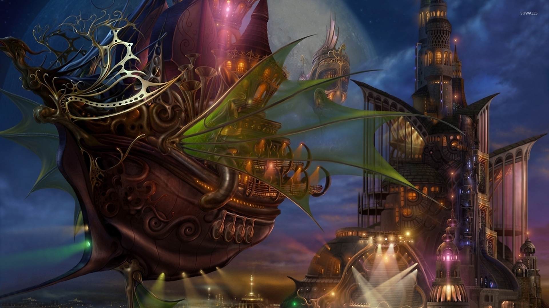 Flying ship near the castle wallpaper wallpaper