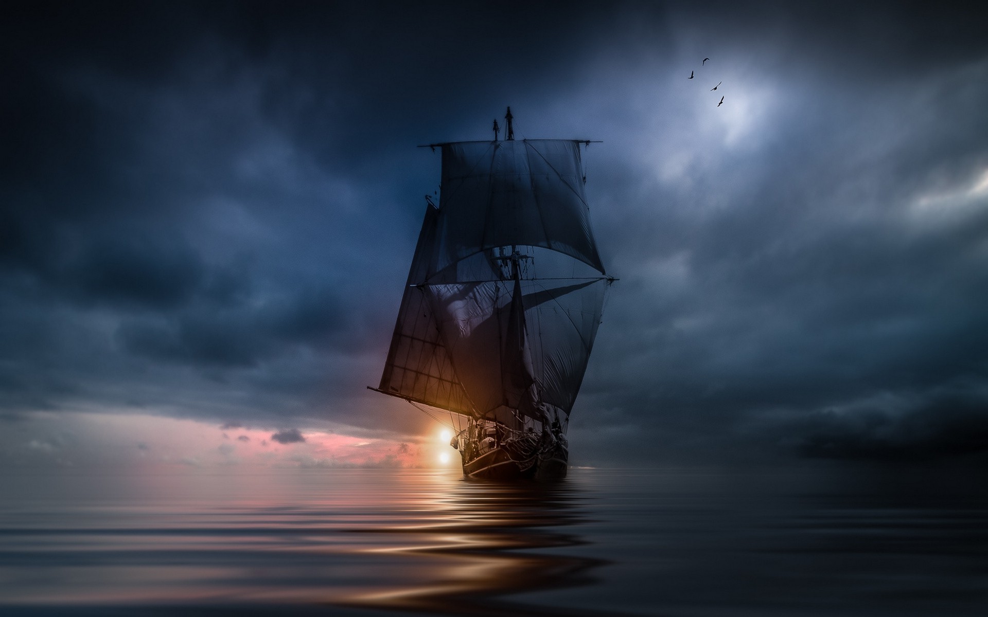 landscape, Nature, Sea, Clouds, Sunset, Sailing Ship, Storm, Blue, Water, Birds, Flying Wallpaper HD / Desktop and Mobile Background