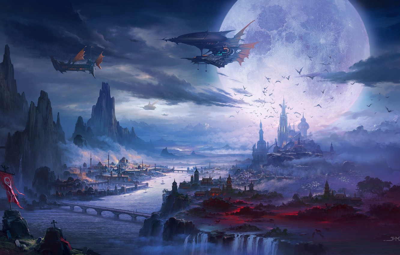 Wallpaper Night, The city, River, The moon, Palace, Castle, The airship, Ships, Landscape, Art, Fiction, Illustration, Ming Fan, Airships, by Ming Fan, Flying Ship image for desktop, section фантастика