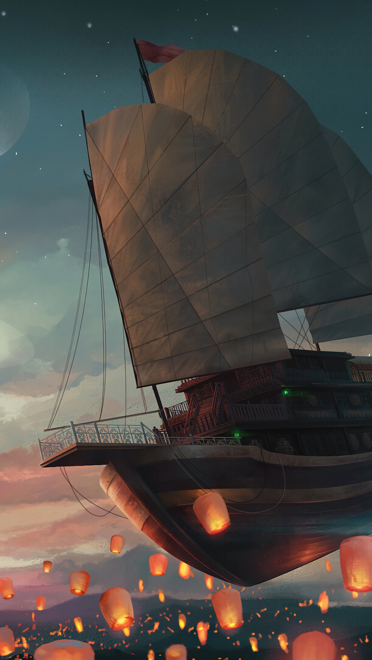 Lantern next to ship flying Wallpaper 4k Ultra HD