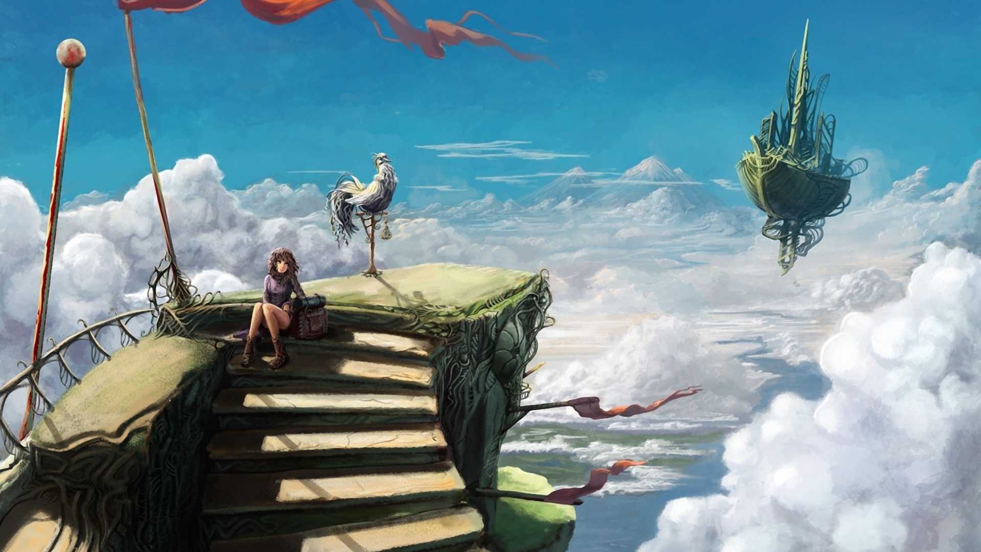 flying, girl, art, sky, clouds, ship, height