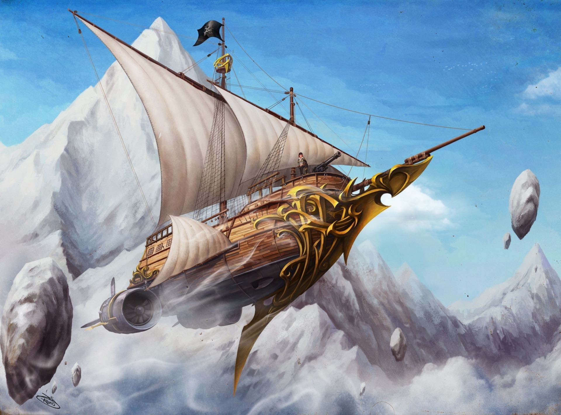 A fabulous ship is flying against the background of mountains wallpaper