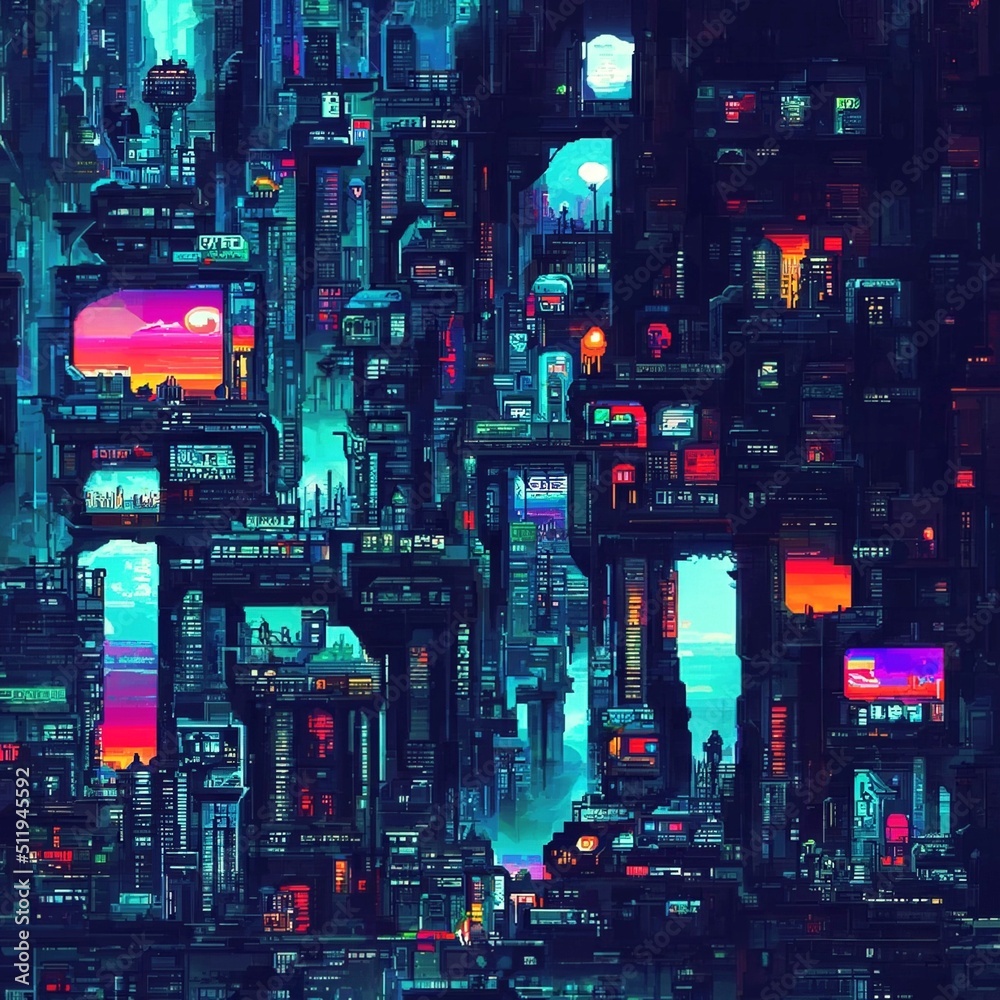 Cyberpunk City Street. Sci Fi Wallpaper. Futuristic City Scene In A Style Of Pixel Art. 80's Wallpaper. Retro Future 3D Illustration. Urban Scene. Stock Illustration