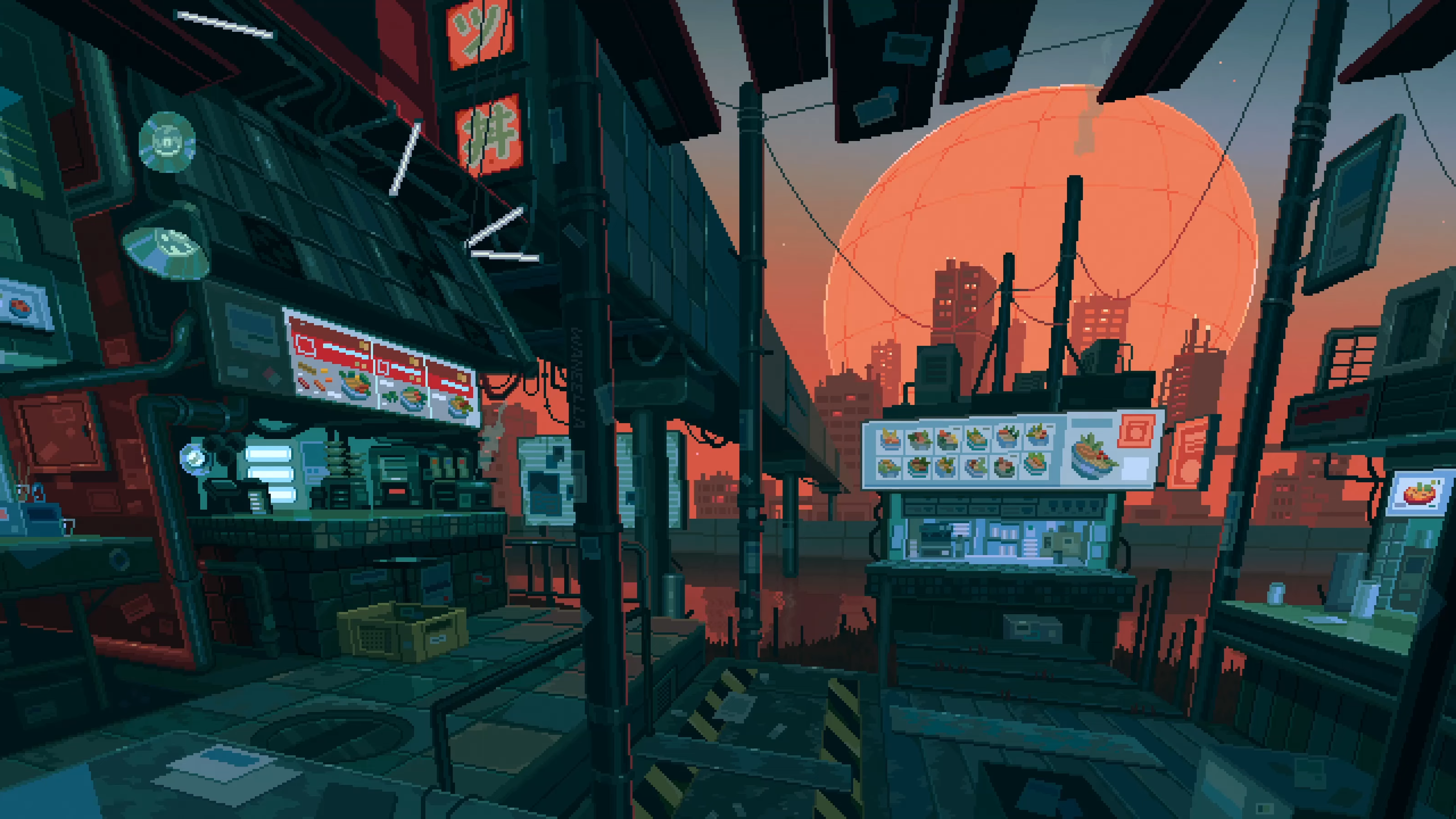 Waneella Pixel Art City Cyberpunk Wallpaper:3200x1800