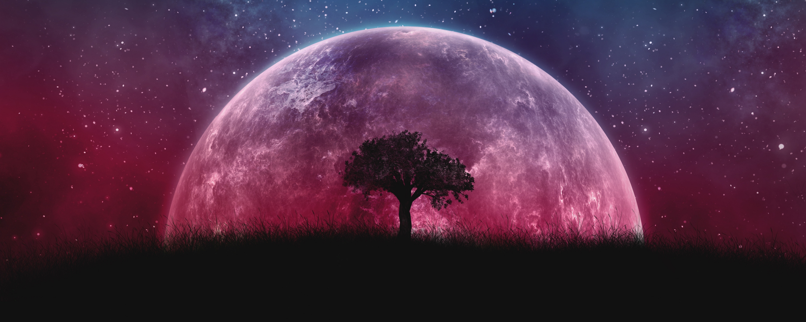 Download wallpaper 2560x1024 planet, silhouette, tree, moon, galaxy, stars, photohop, dual wide 21:9 2560x1024 HD background, 18545