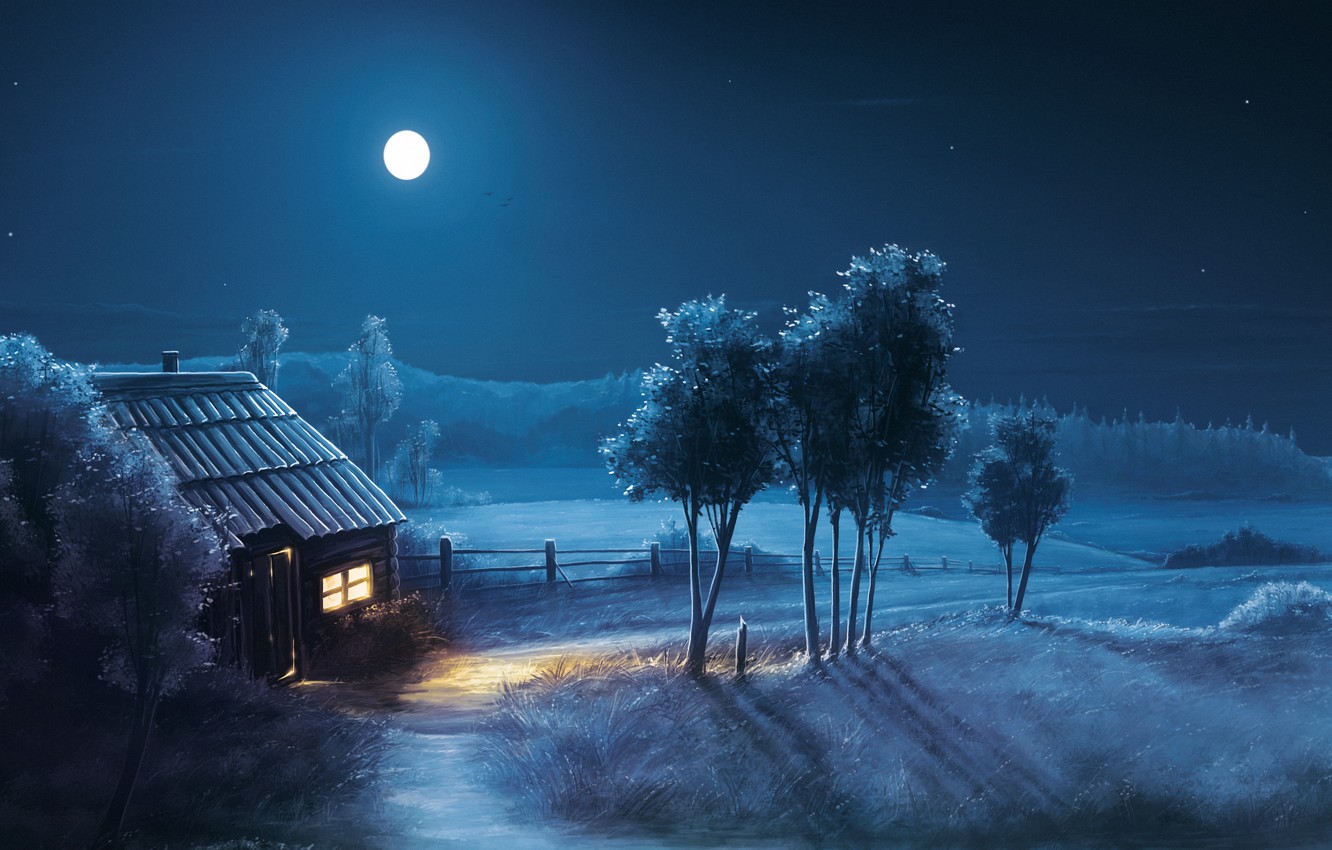 Wallpaper field, night, house, tree, the moon image for desktop, section природа