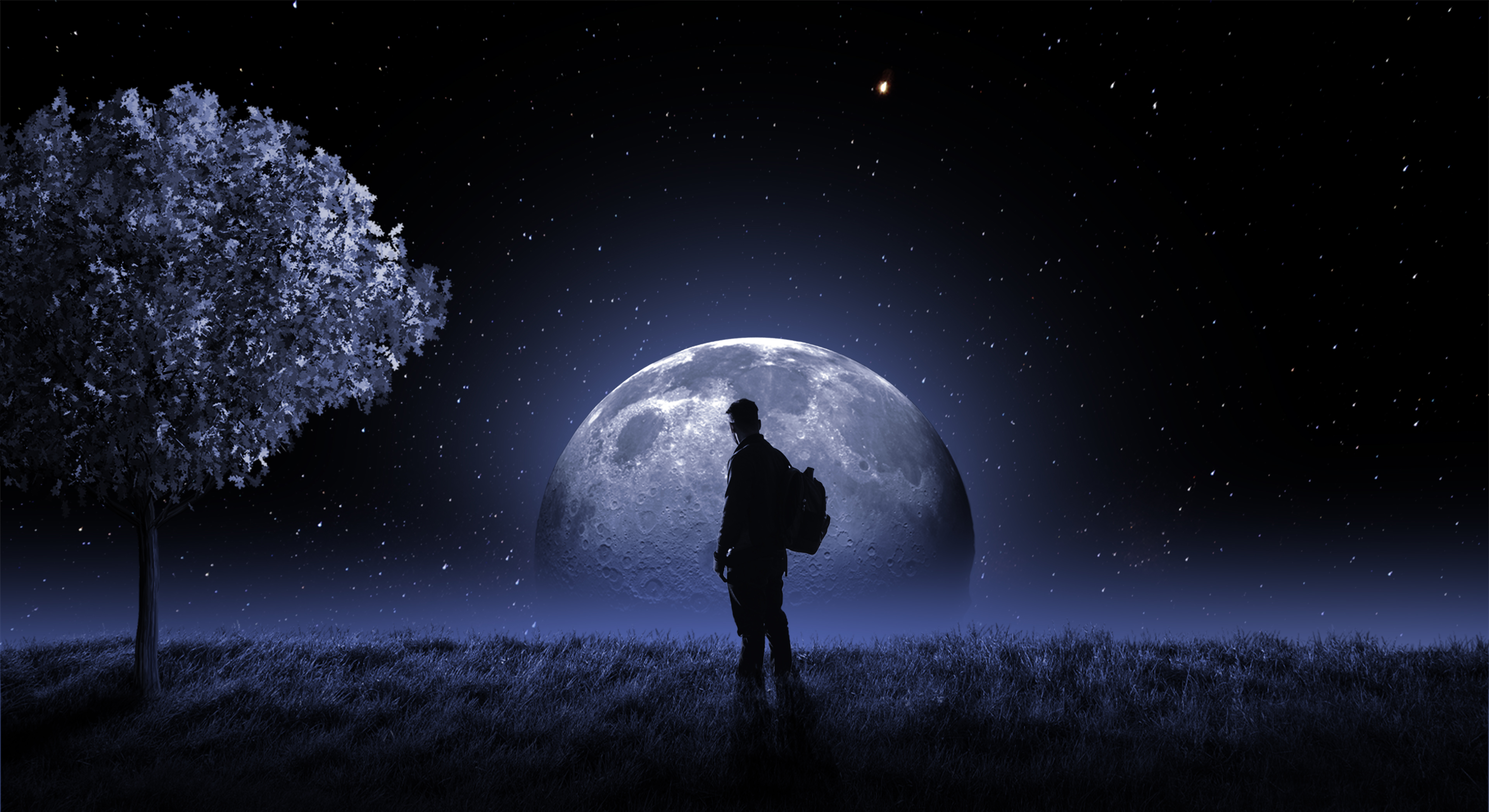 Full moon Wallpaper 4K, Night sky, Stars, Fantasy