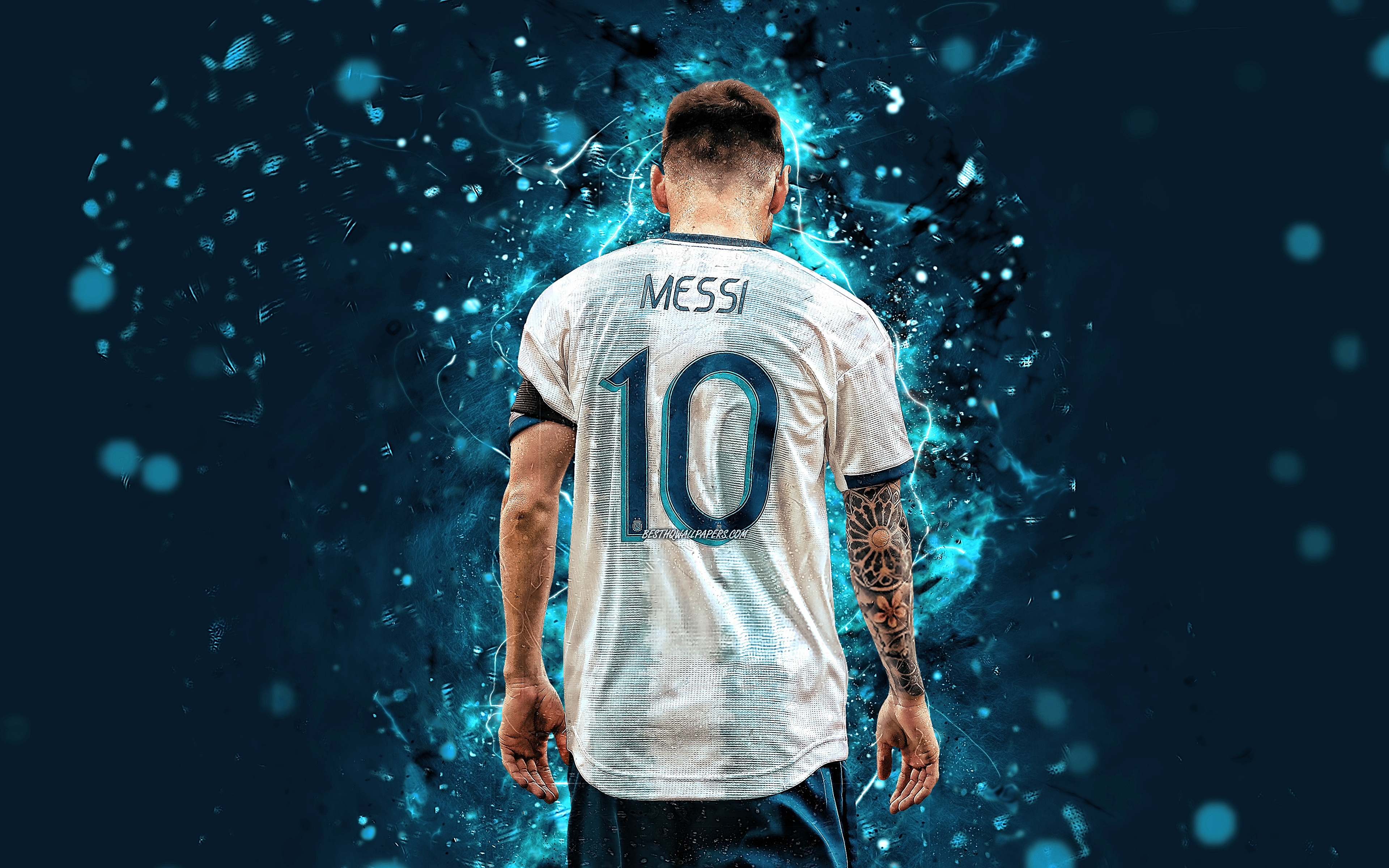Download wallpaper Lionel Messi, back view, Argentina national football team, 2019 Copa America, football stars, abstract art, Leo Messi, soccer, Messi, Argentine National Team for desktop with resolution 3840x2400. High Quality HD