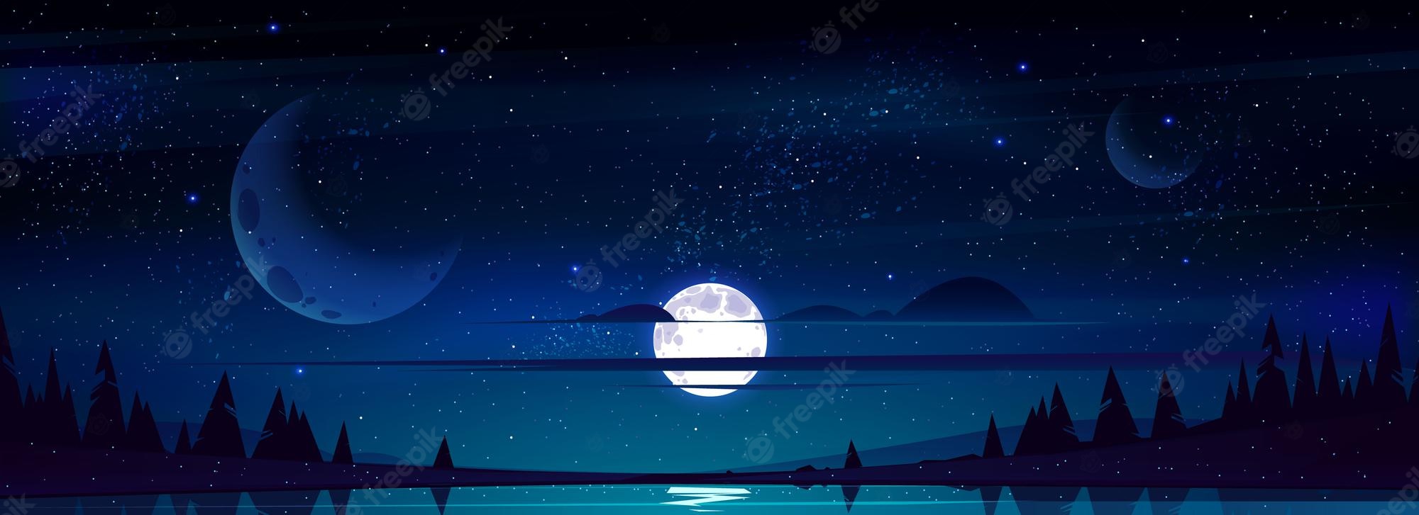 Free Vector. Full moon in night sky with stars and clouds above trees and pond reflecting starlight