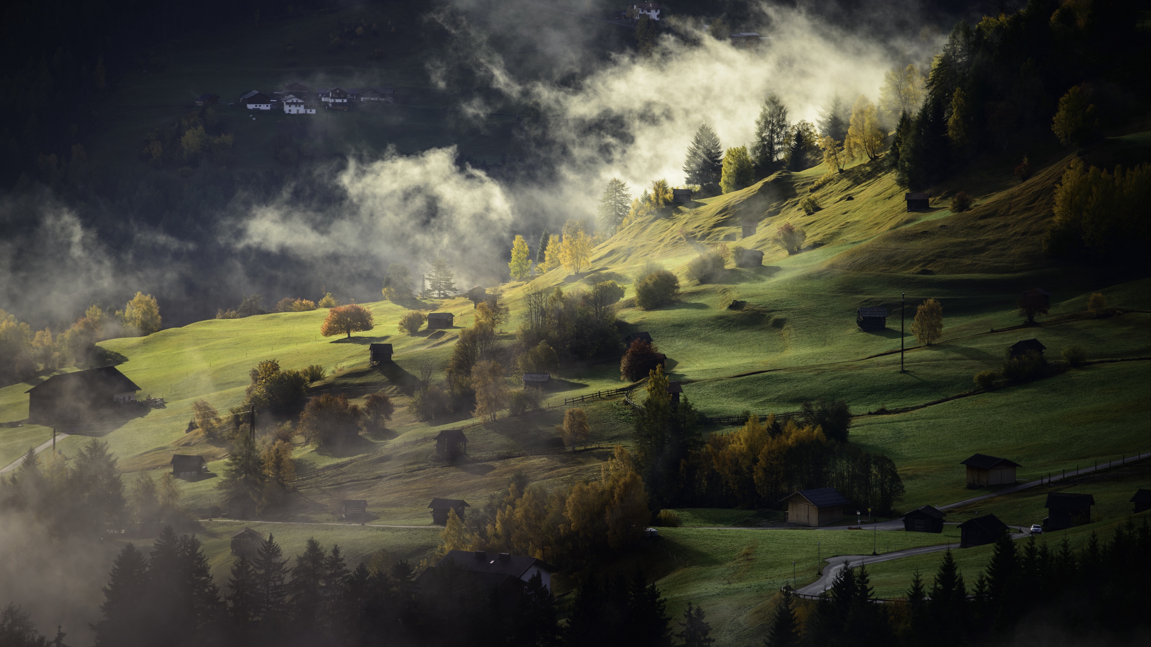 Wallpaper 4k village, hills, fog, twilight 4k Wallpaper