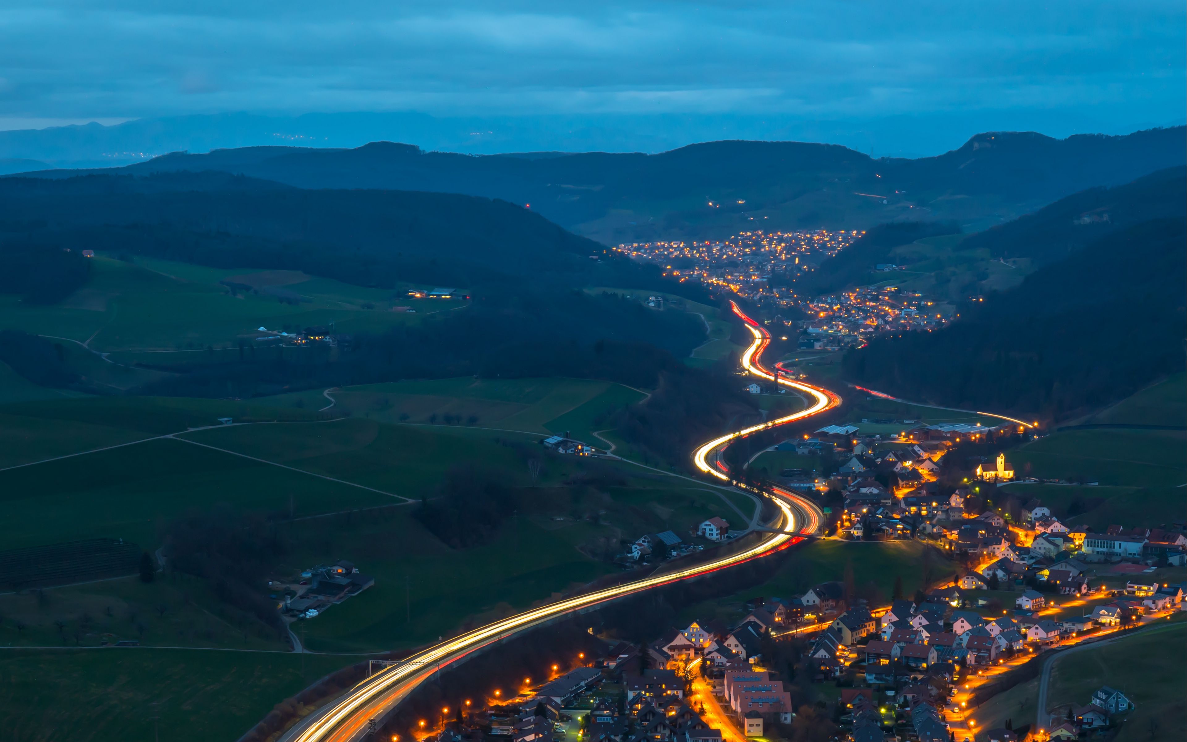 Download wallpaper 3840x2400 village, road, aerial view, night, mountains, switzerland 4k ultra HD 16:10 HD background