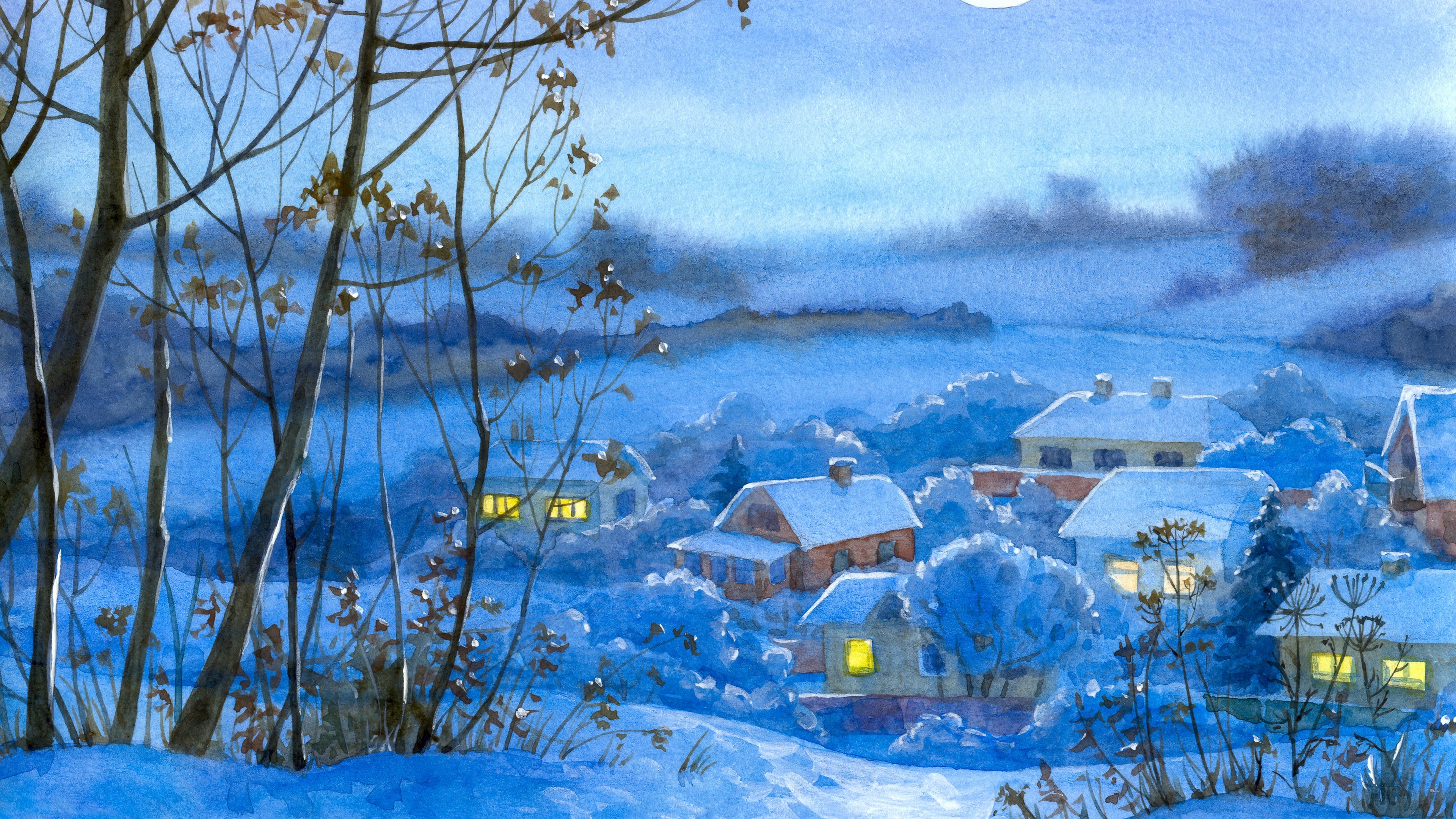 painting, winter, village, home, night, month, snow 4k Gallery HD Wallpaper