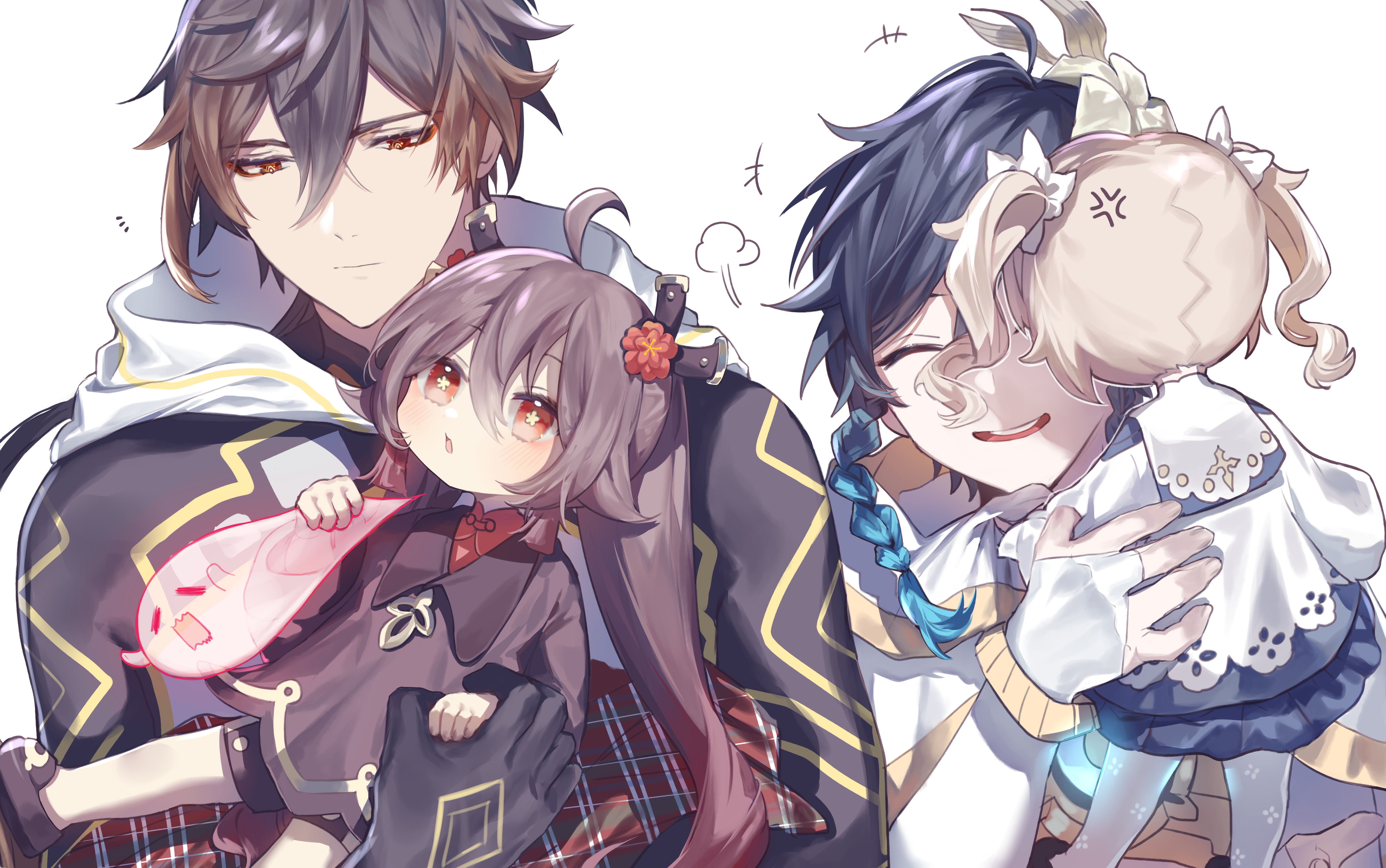 hu tao, zhongli, venti, boo tao, and barbara (genshin impact) drawn