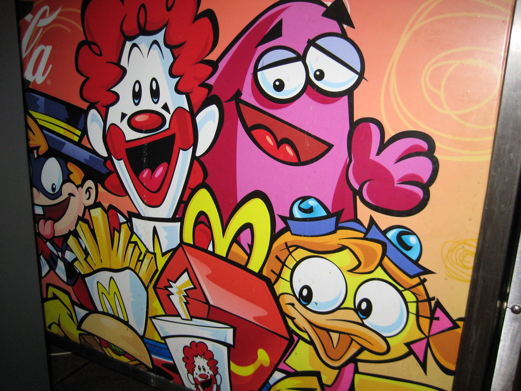 Cartoon McDonaldLand characters on the soda fountain