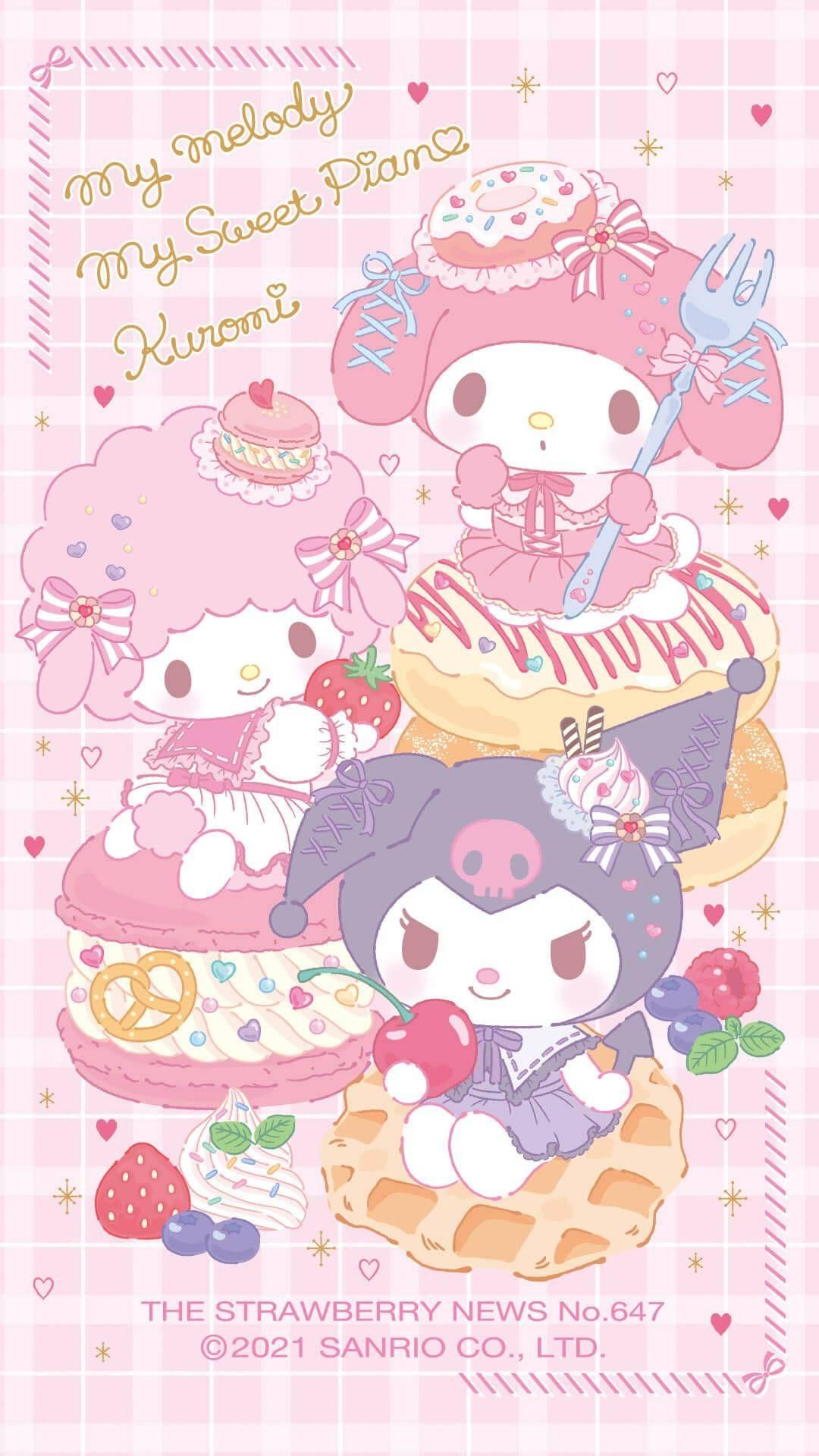 My melody and sweet piano also kuromi wallpaper. Hello kitty drawing, Kitty drawing, Hello kitty background