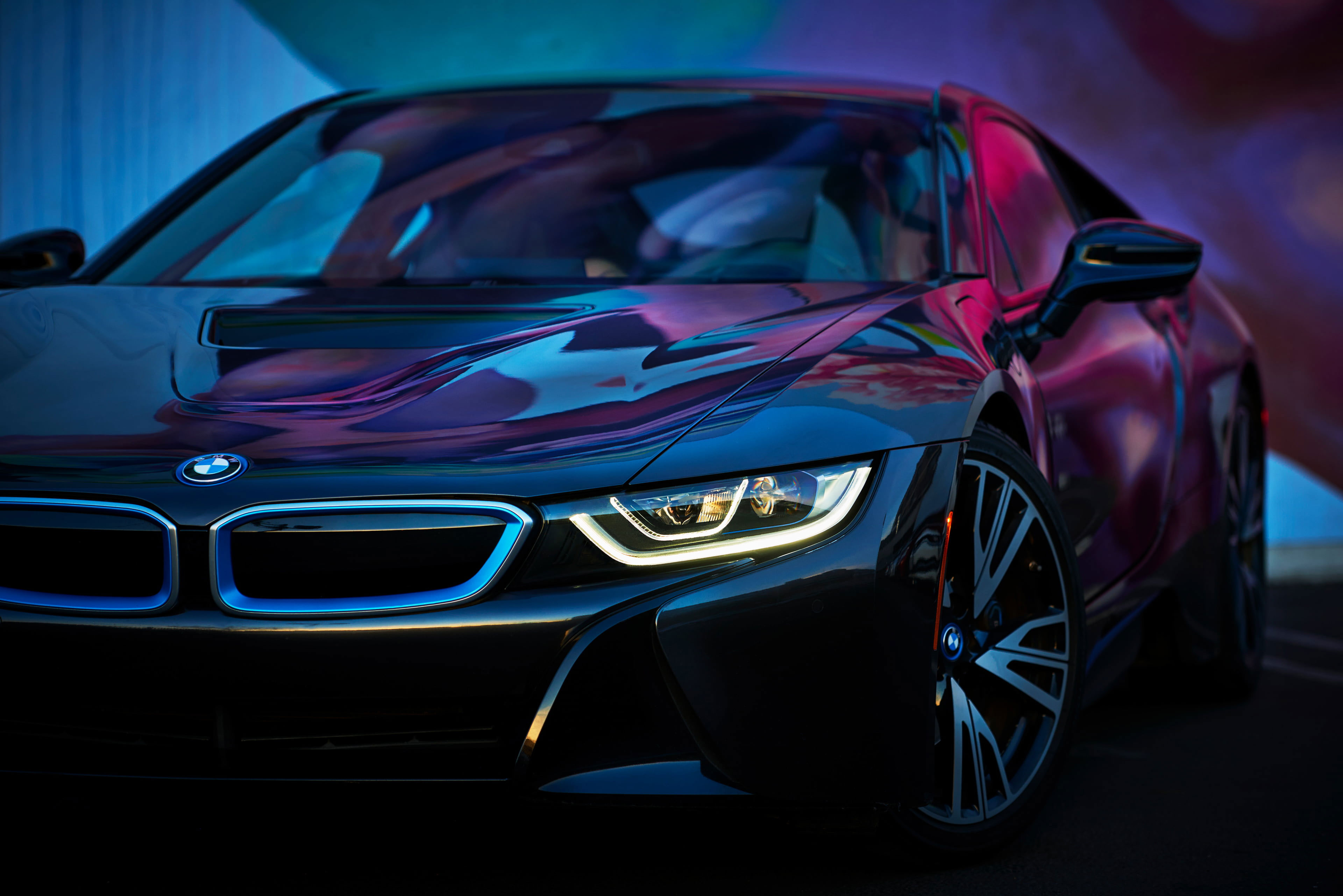 Black BMW Sedan Wallpaper, Car, BMW I8, Cyan, Pink, Neon Glow, Motor Vehicle