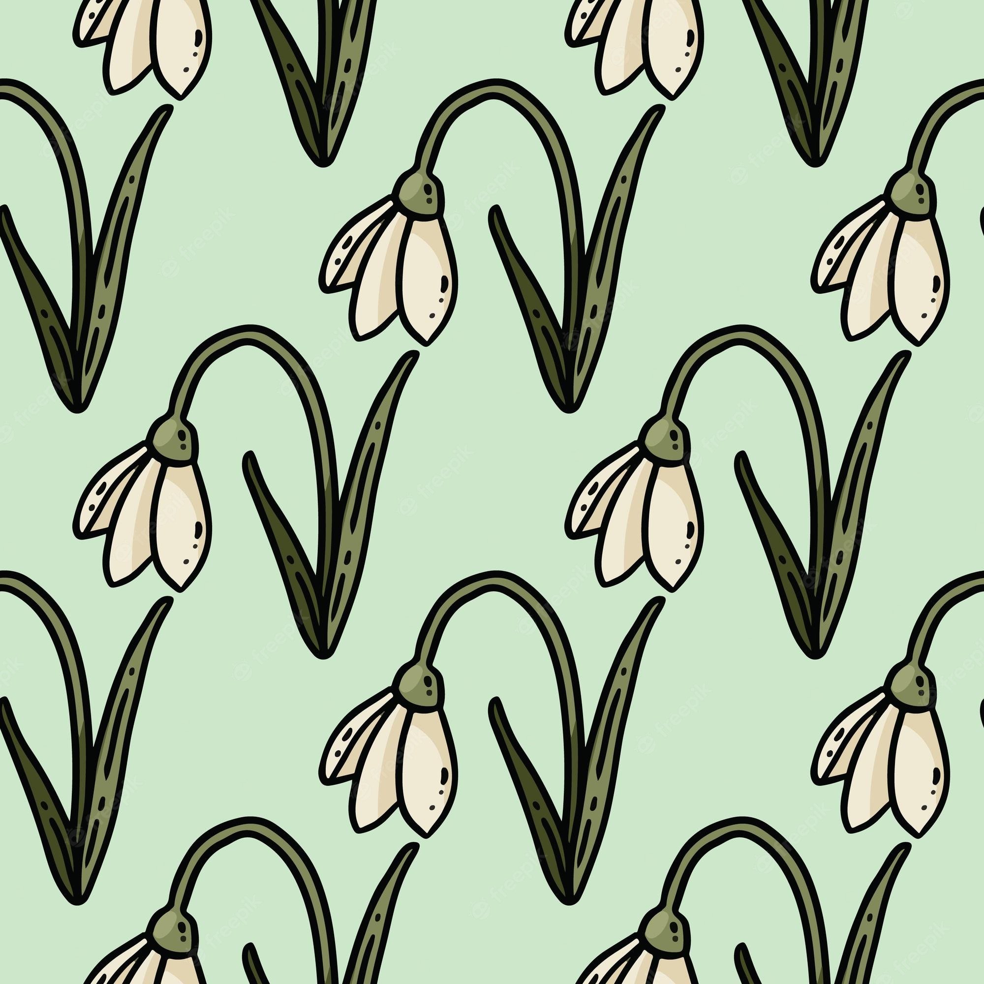 Premium Vector. Cute cartoon snowdrops flowers doodles seamless border pattern springtime vector repeatable background texture tile cozy of stock print for wrapping design wallpaper