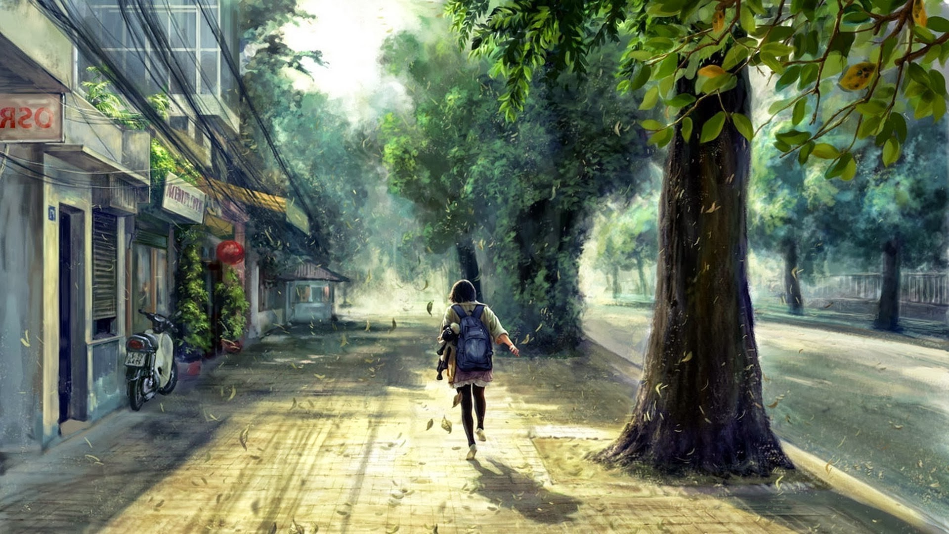 concept art anime street trees spring sunlight 1080P, 2k, 4k HD wallpaper, background free download