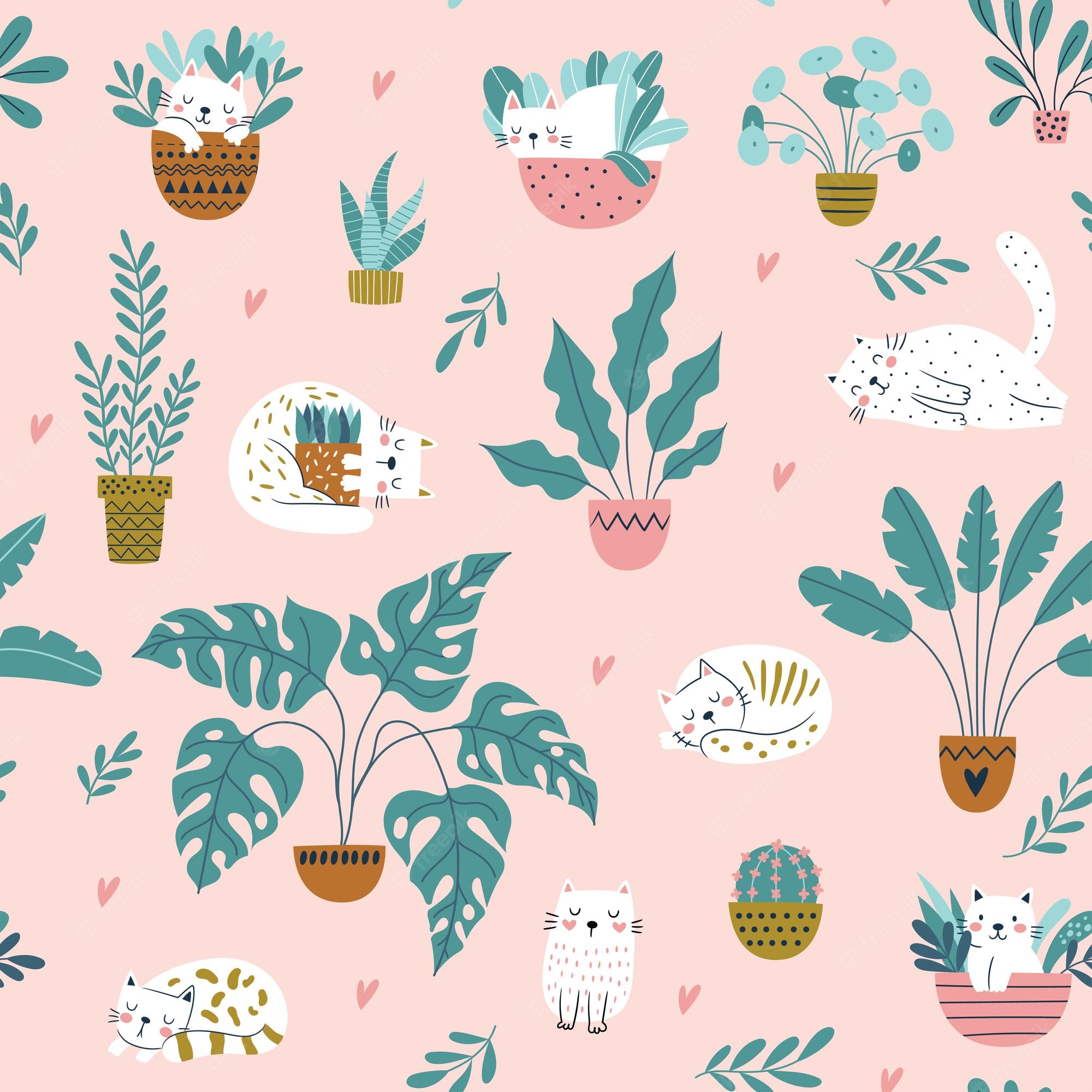 Premium Vector. Vector seamless pattern with potted flowers and cats cute and cozy repeat background