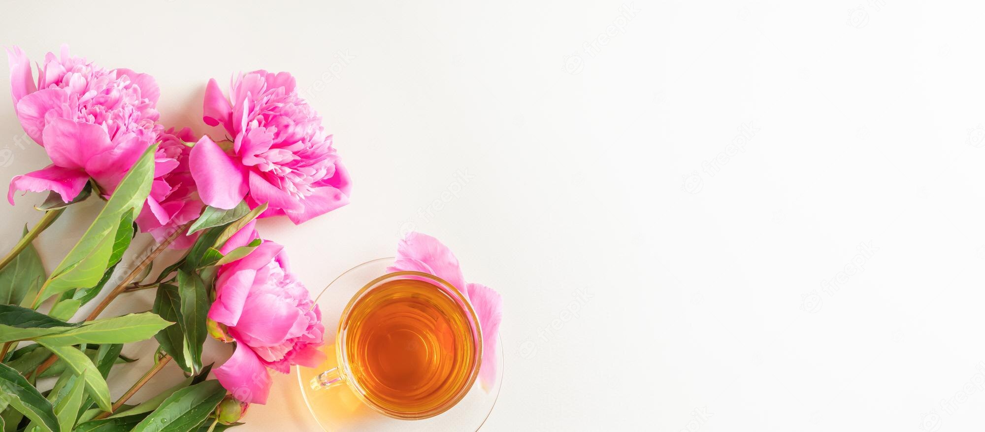Premium Photo. Bright fresh pink peonies and a cup of tea in a transparent cup and saucer on a light background. copyspace, top view. cute cozy elegant female flat lay