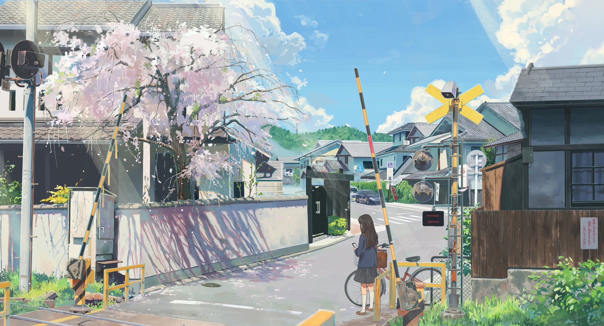 street, anime, urban, cherry blossom, Asia, Pao Yong, spring, ArtStation, anime girls, bicycle, railway crossing Gallery HD Wallpaper
