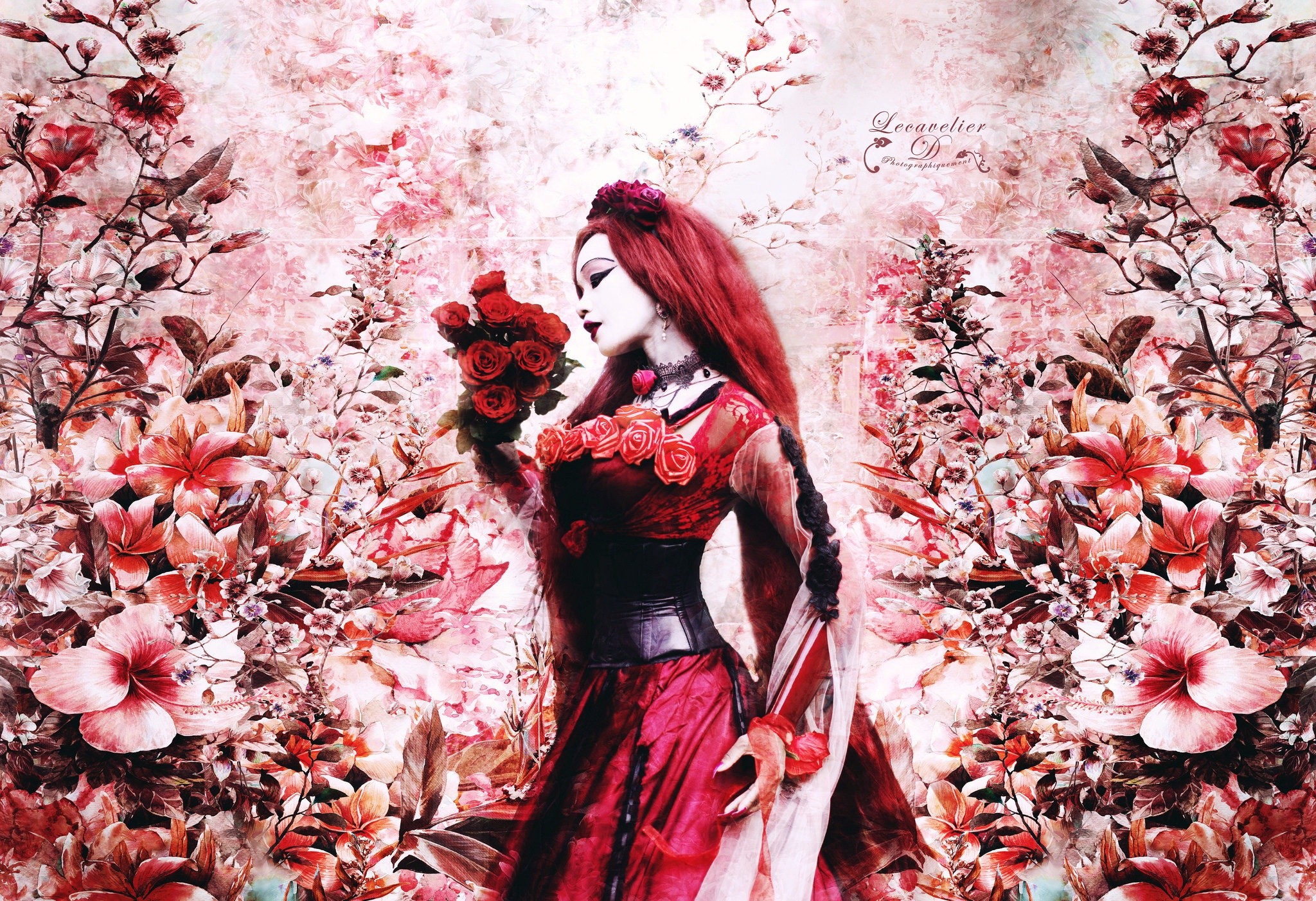 Wallpaper, women, model, fantasy girl, red, Asian, fashion, cherry blossom, pink, spring, autumn, flower, plant, season, tradition 2048x1402
