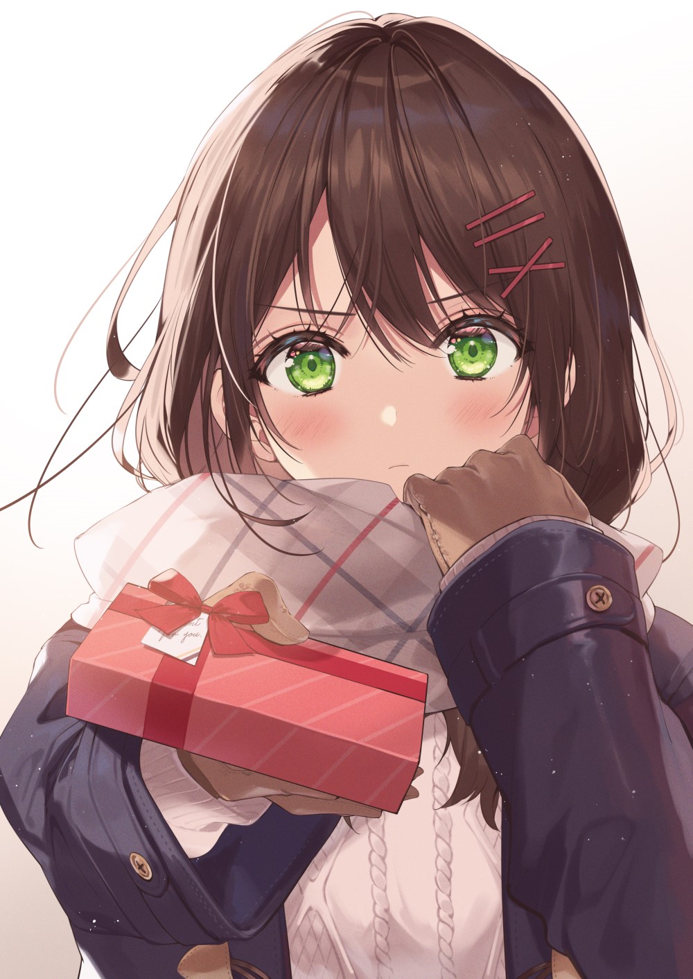green eyes, POV, Necomi, digital art, anime, anime girls, brunette, gift, scarf, presents, artwork, vertical, Valentines Day, 2D, portrait display Gallery HD Wallpaper