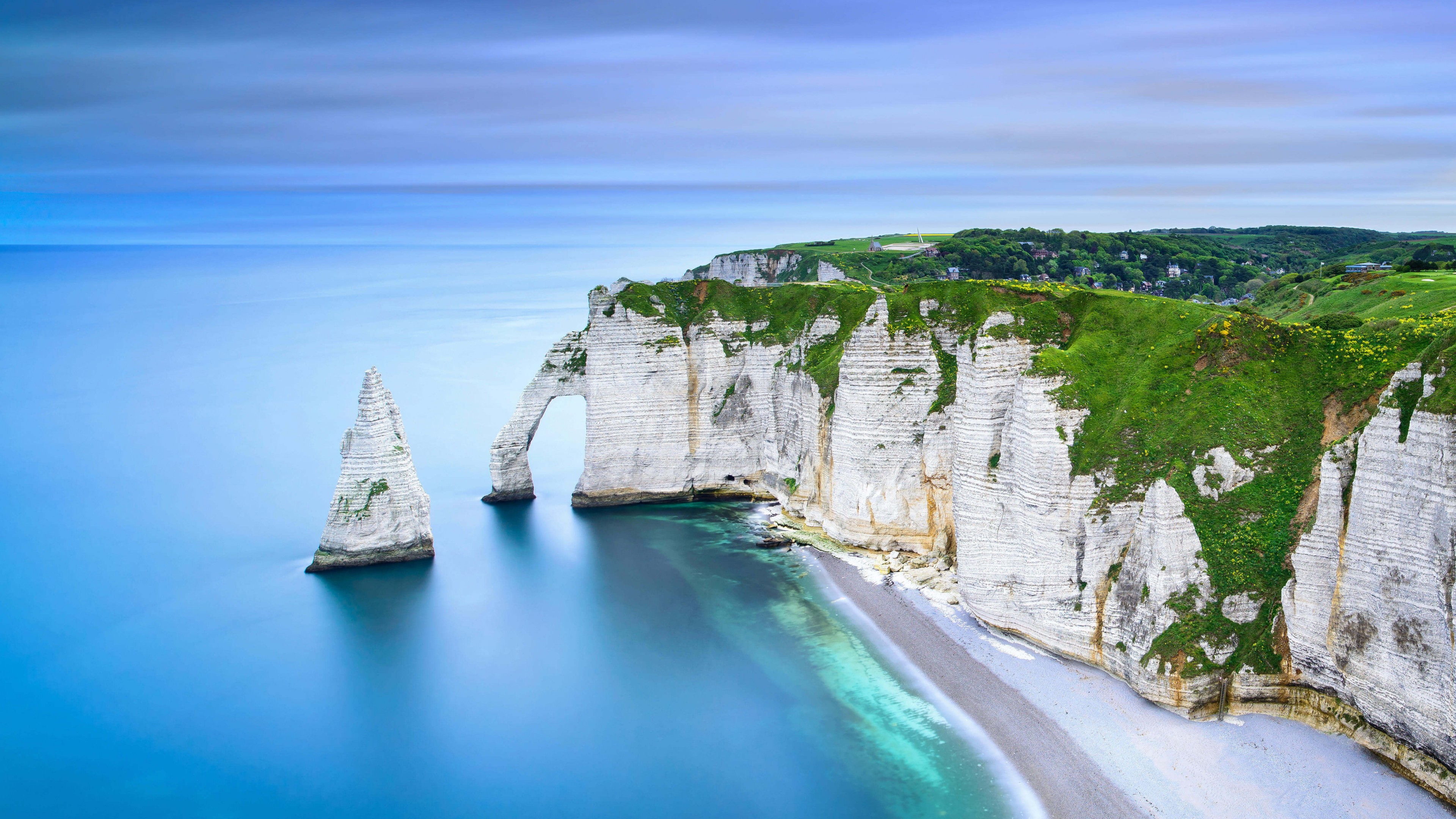 Wallpaper Chemin des Douaniers, Normandy, France, beach, rocks, ocean, water, mountains, 4K, Travel