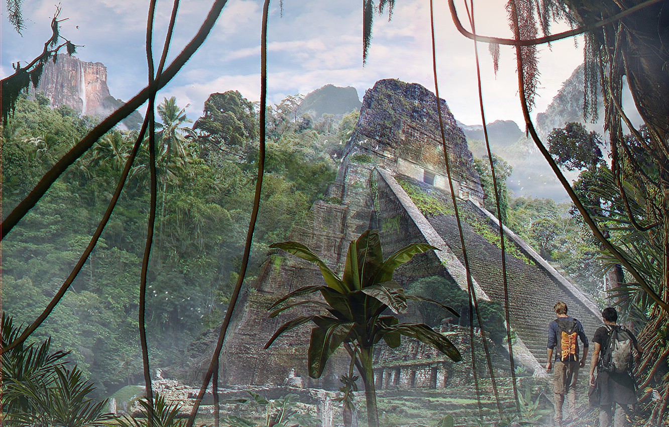 Wallpaper forest, mountains, pyramid, travelers, Jungle temple image for desktop, section фантастика