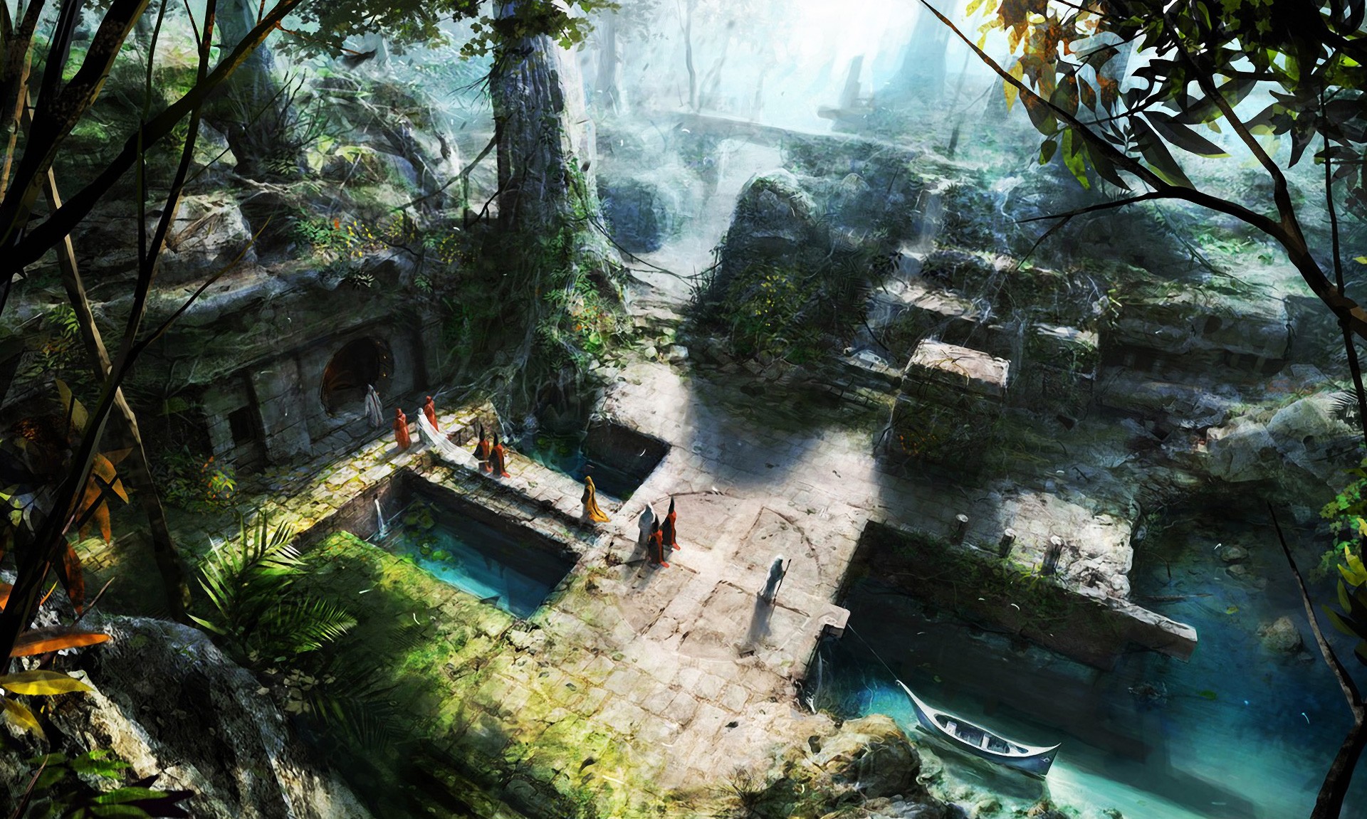 Wallpaper, temple, forest, fantasy art, ruin, artwork, jungle, rainforest, Terrain, screenshot, habitat, pc game 1920x1151