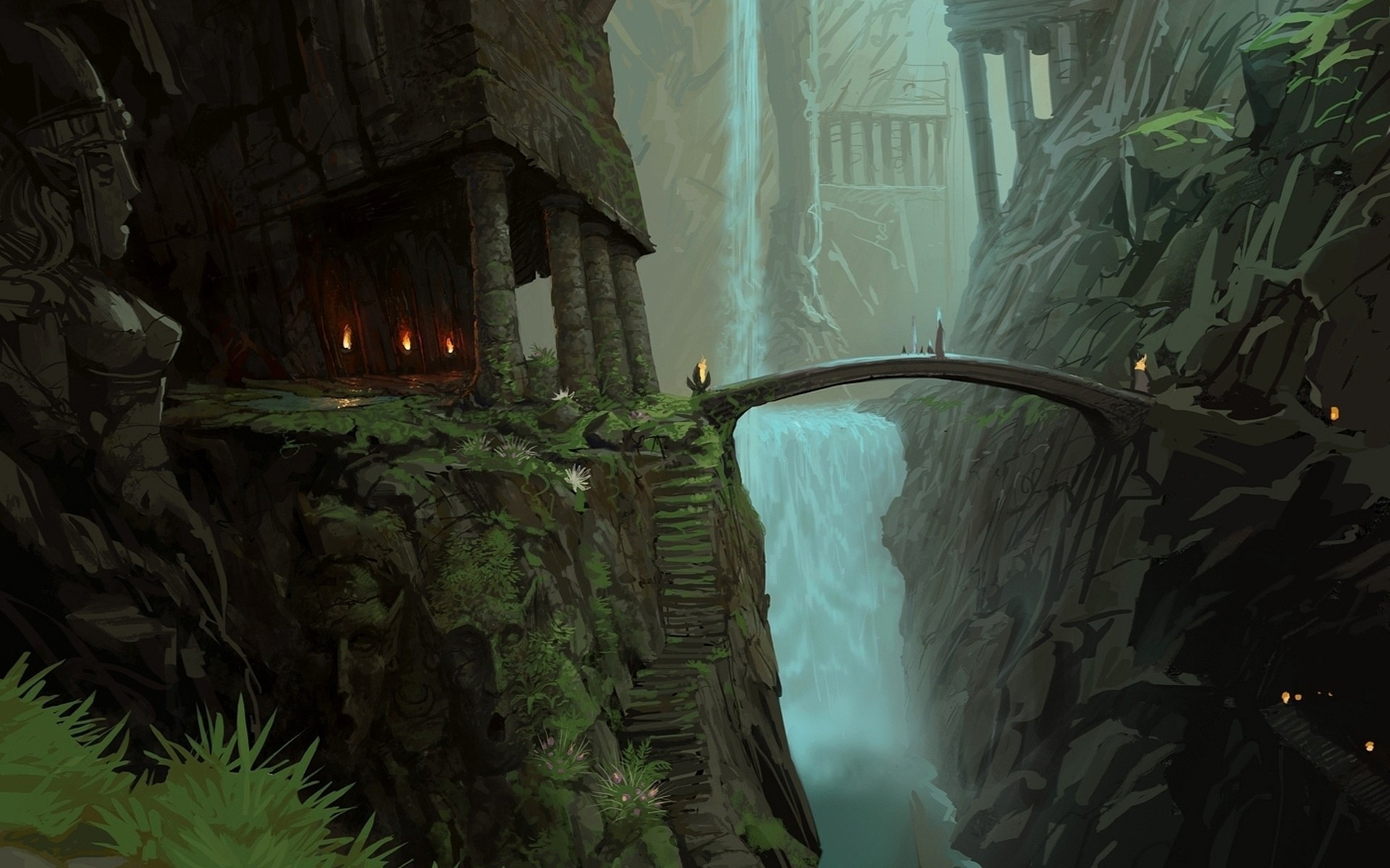 Wallpaper, temple, waterfall, women, fantasy art, bridge, sculpture, jungle, Terrain, screenshot, pc game 1920x1200