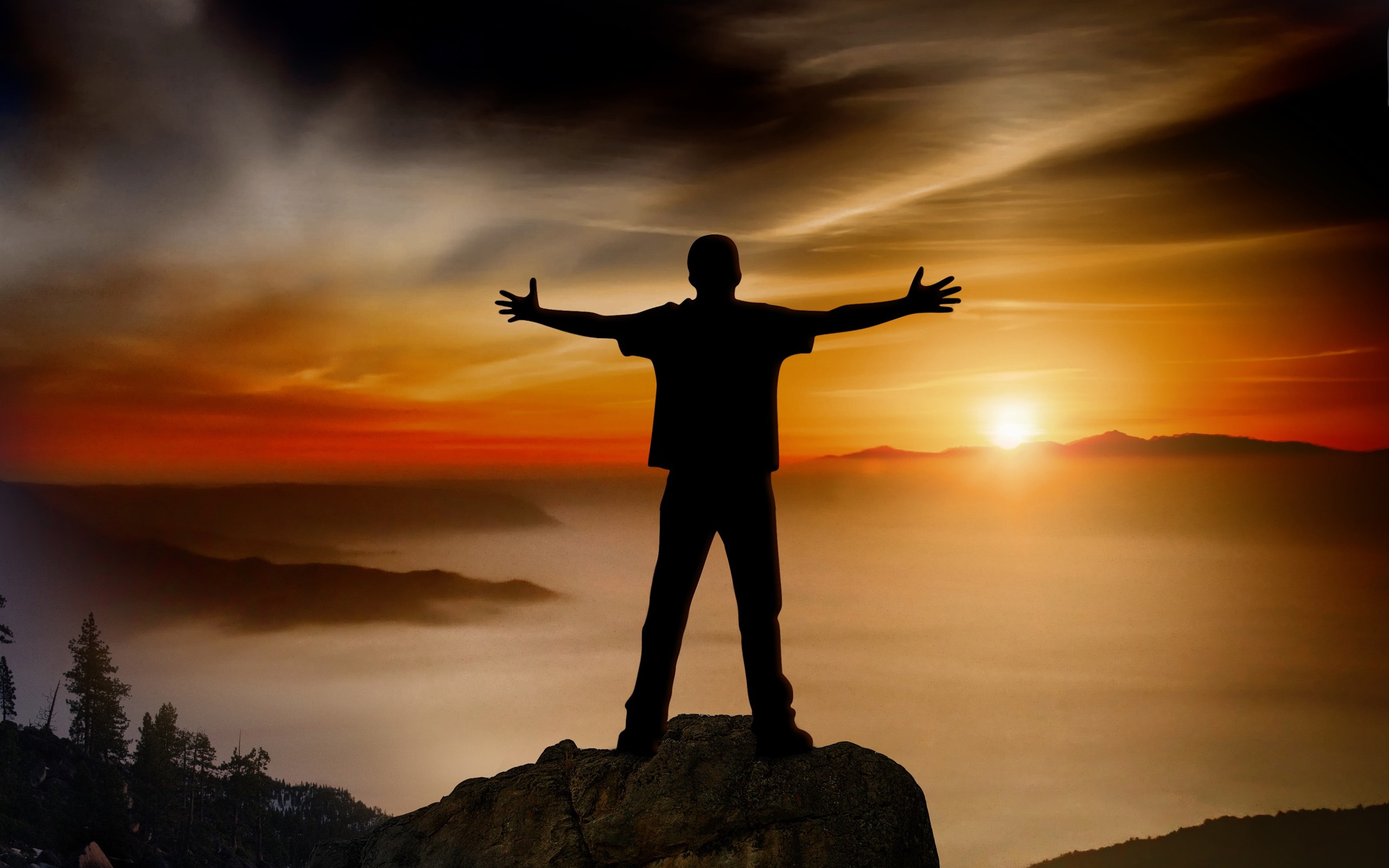 Wallpaper Man, silhouette, mountains, fog, sunset 2880x1800 HD Picture, Image