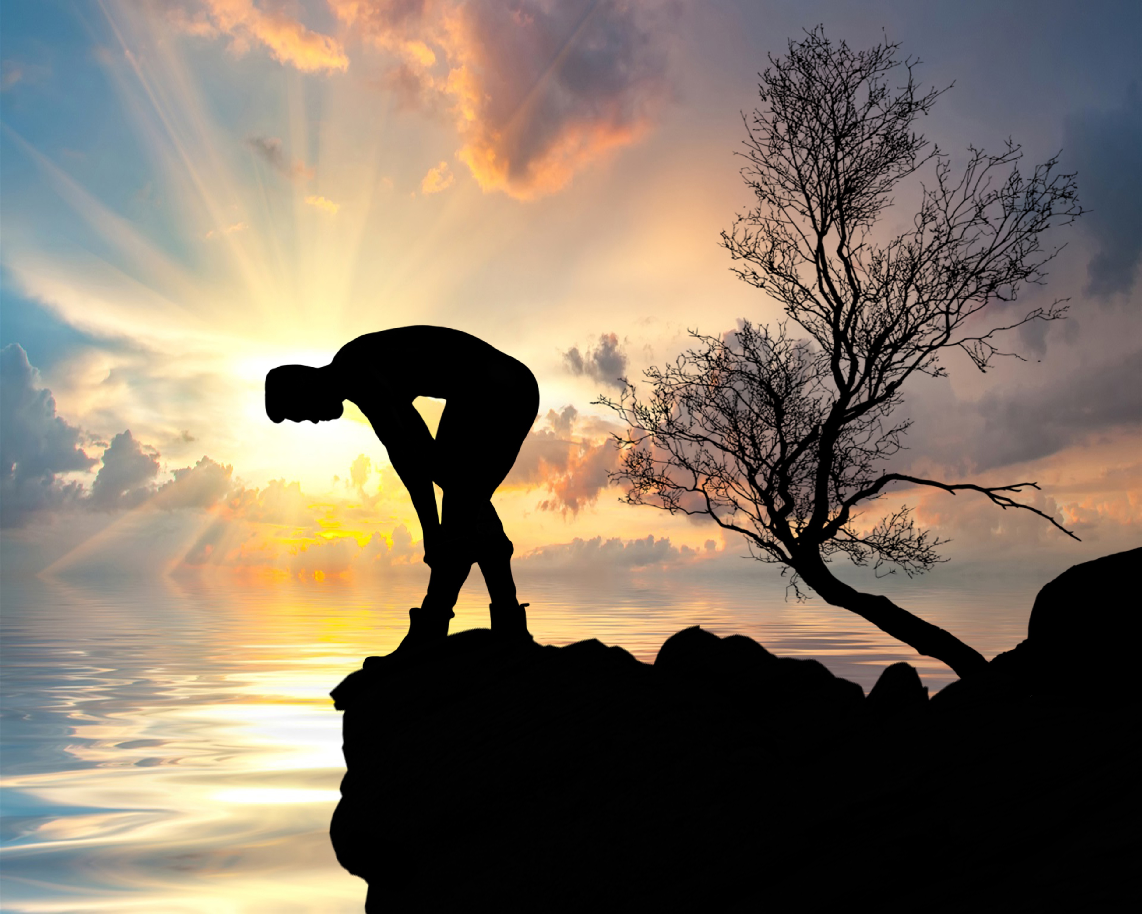 Wallpaper, man, silhouette, sunset, tree 3750x3000