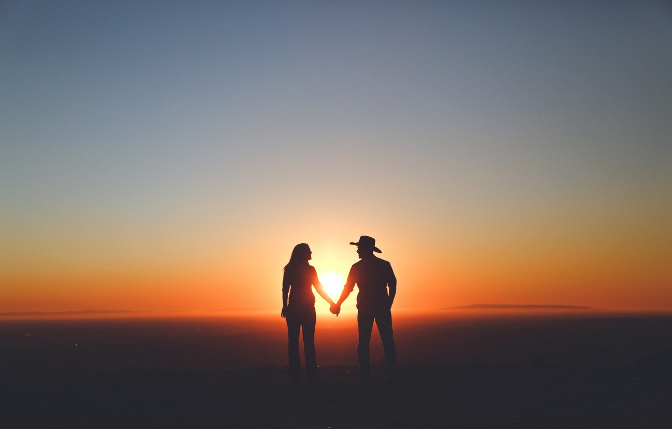 Wallpaper sky, woman, sunset, mountains, clouds, man, couple, silhouette image for desktop, section настроения