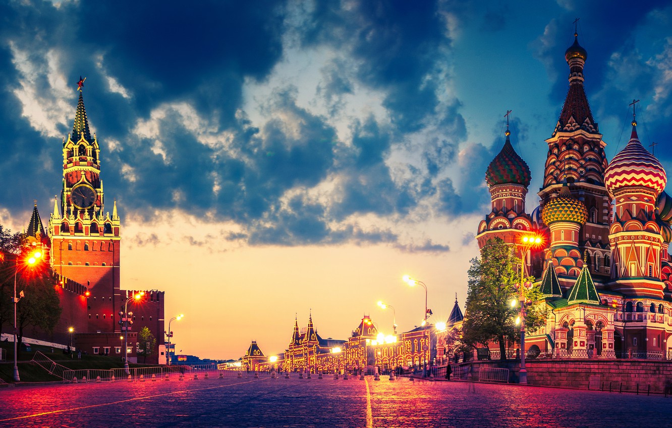 Wallpaper clouds, lights, Moscow, The Kremlin, St. Basil's Cathedral, Russia, Red square, twilight image for desktop, section город