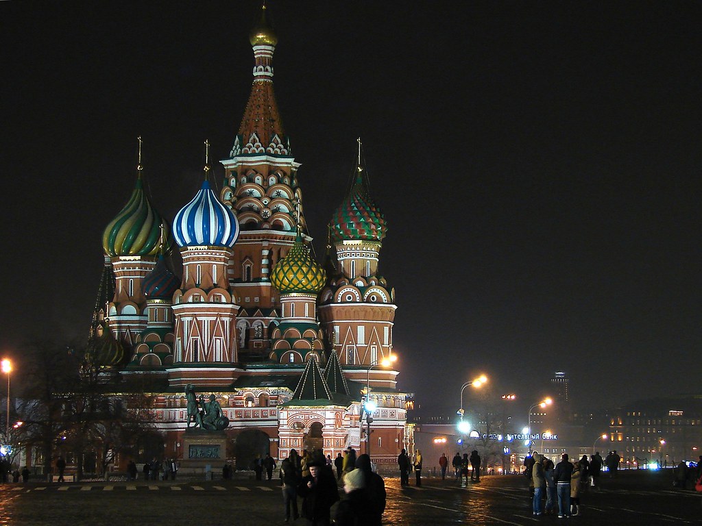 St. Basil's Cathedral at night. Iconic shot of Moscow, Red