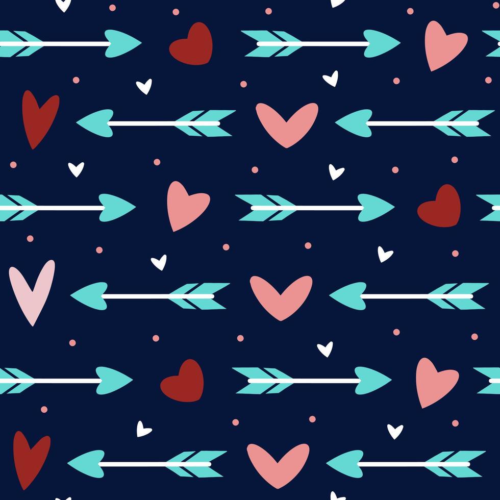 Cute cartoon hearts and arrows seamless vector pattern. Hand drawn love elements on dark background. Seasonal holiday backdrop for valentine's day, wedding, date, party. Romantic concept, flat style. Vector Art