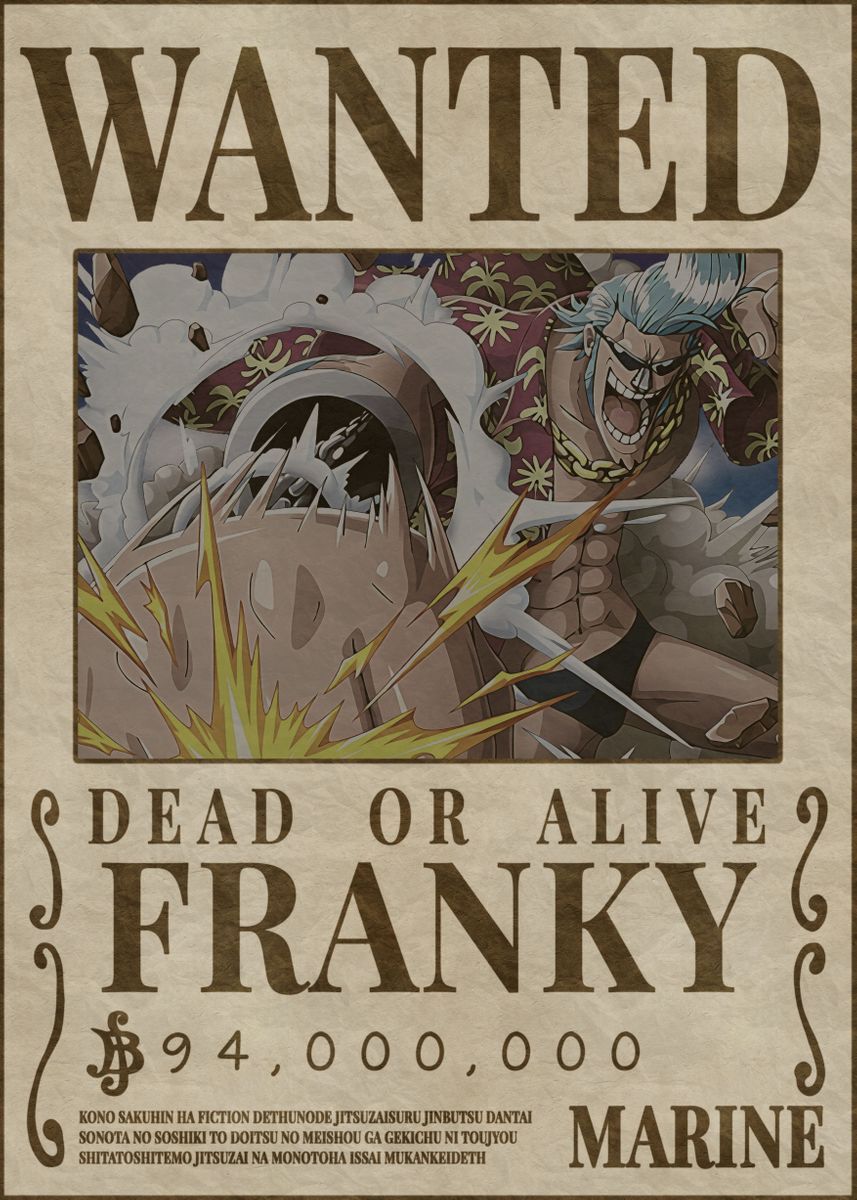 Franky Wanted Poster' Poster by Melvina Poole. Displate. One piece comic, One piece wallpaper iphone, One piece bounties