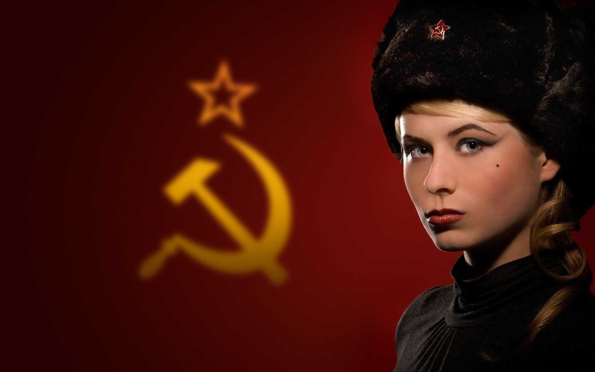 women, red, Russian, communism, USSR, ushanka, darkness, computer Gallery HD Wallpaper