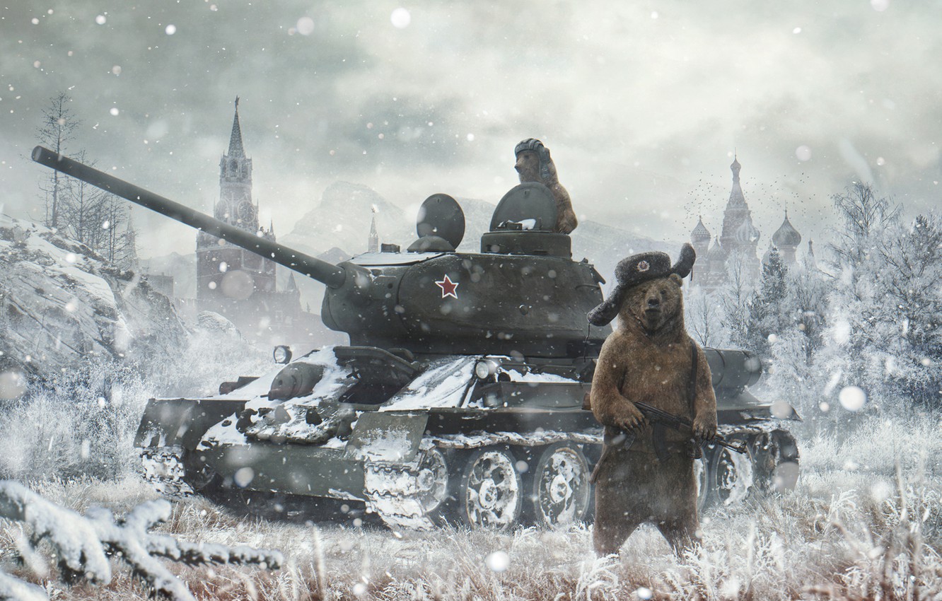 Wallpaper Winter, Snow, Bear, Bears, The Kremlin, St. Basil's Cathedral, Russia, Machine, Art, Tank, T 34, Russian, Cold, Chimes, Ushanka, Evgenij Kungur Image For Desktop, Section ситуации