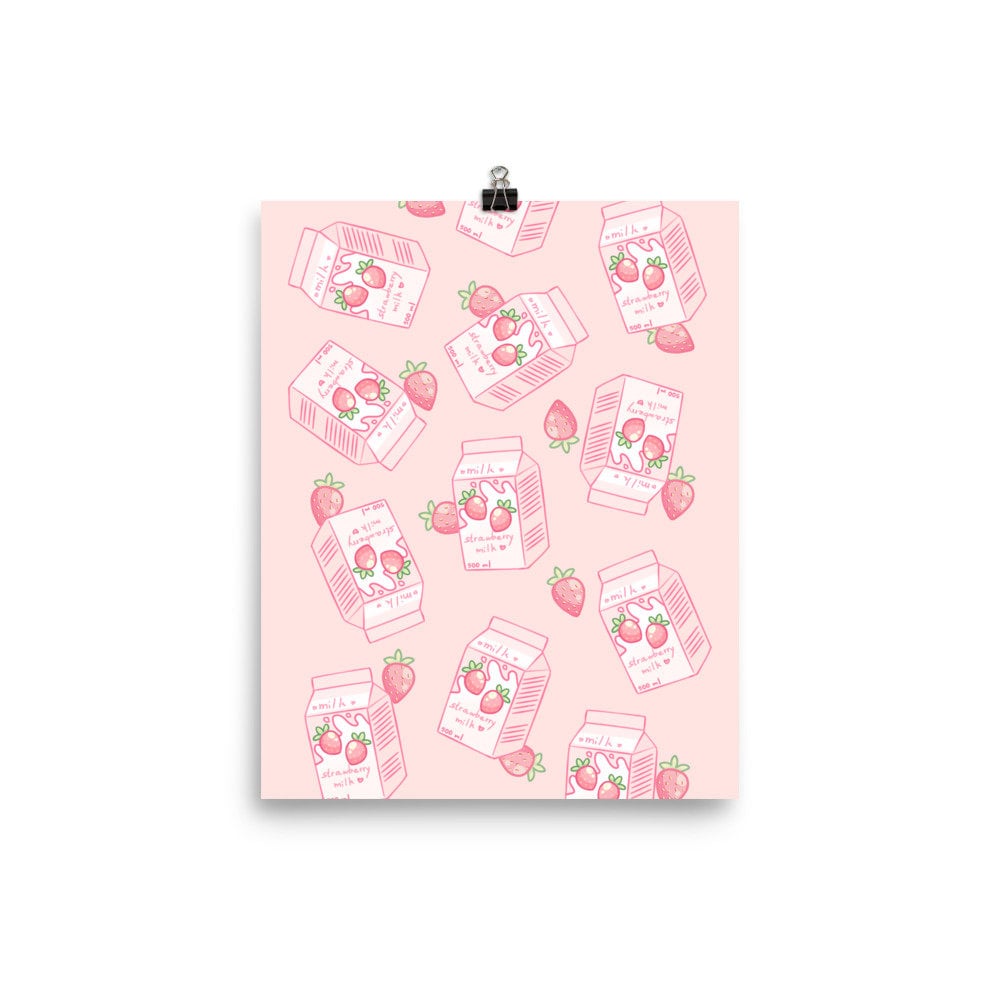 Kawaii Pink Strawberry Milk Poster Kawaii Aesthetic Wall Art