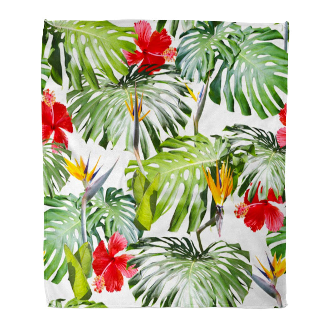 SIDONKU Flannel Throw Blanket Red Tropical Leaves Pattern Green Leaf Monstera Artistic Collage Soft for Bed Sofa and Couch 58x80 Inches