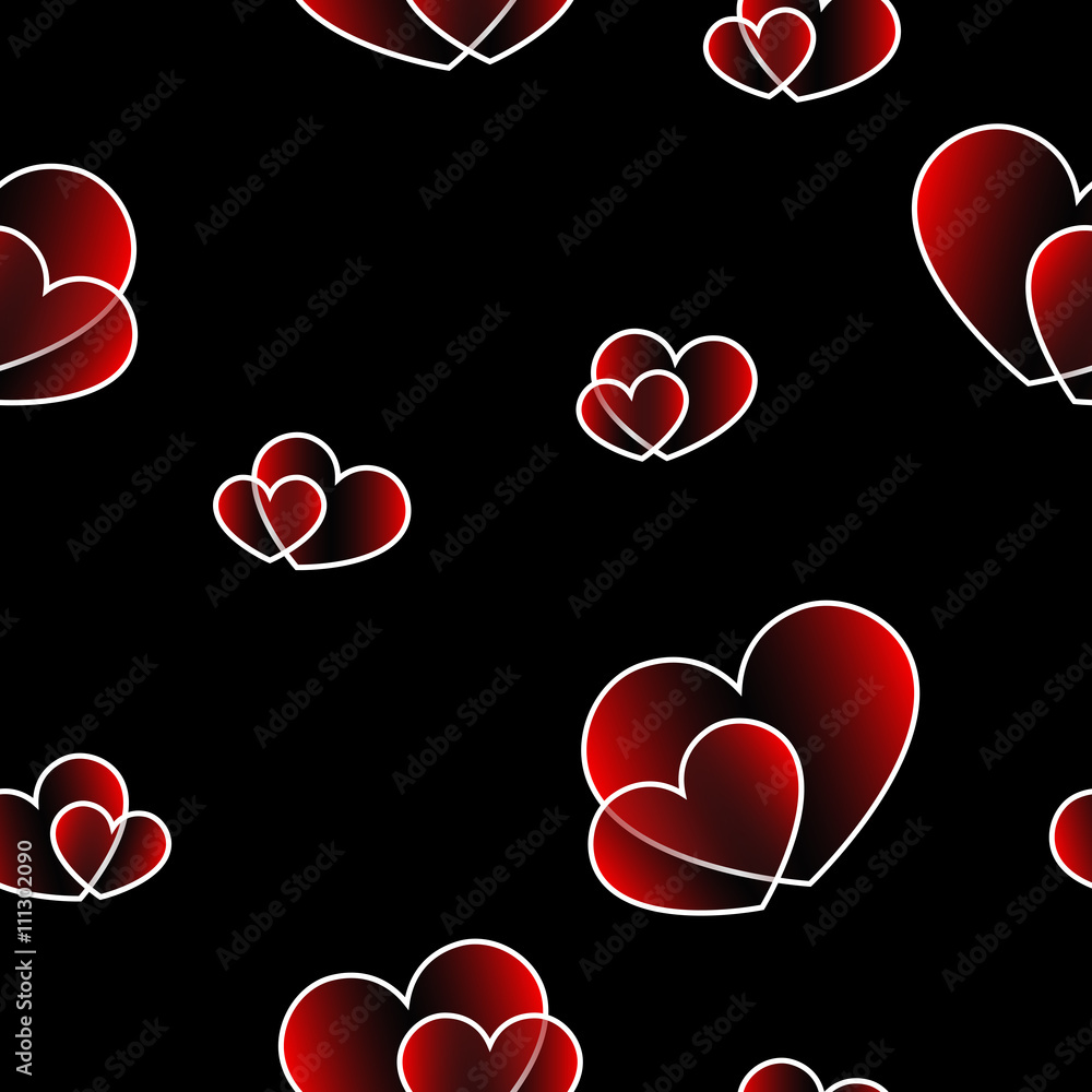 Red big and small hearts. Cute seamless pattern on black background. Fashion graphics design. Stylish Valentine day print concept for fabric, background, wallpaper or wedding card. Vector illustration Stock Vector