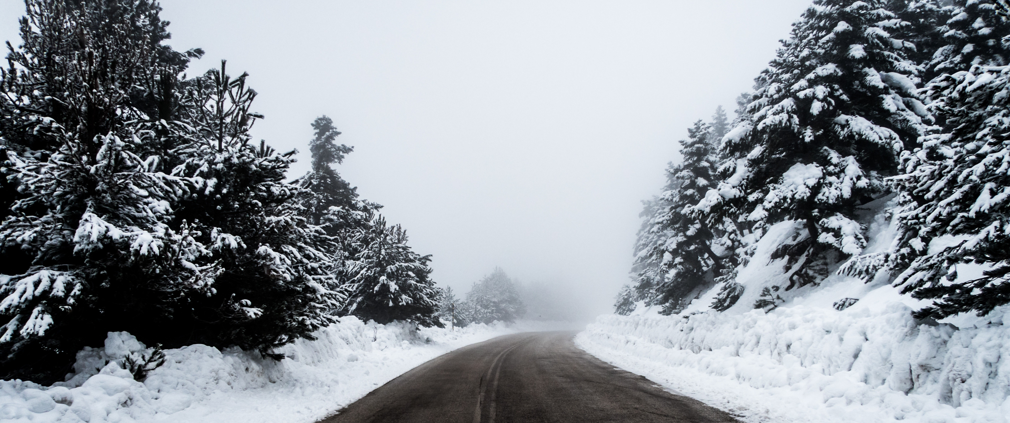 snow, ultrawide, road, HD Wallpaper