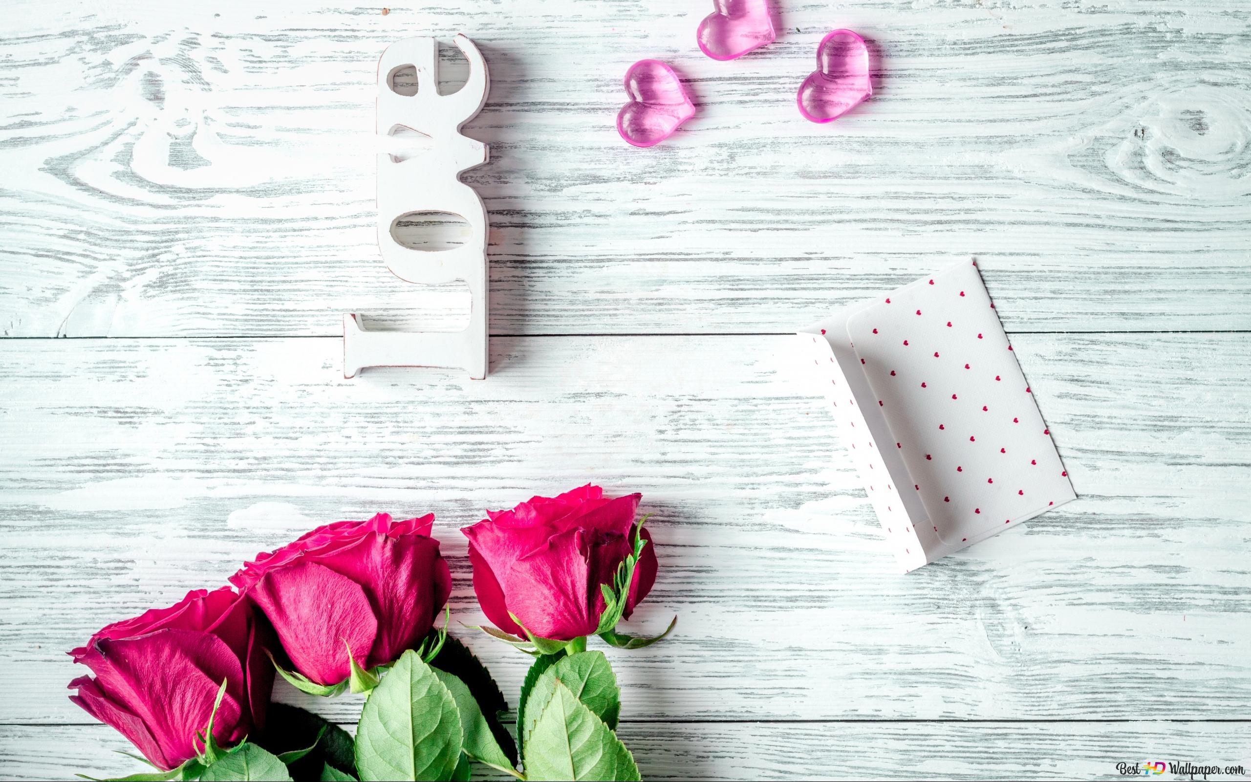 Valentine's day pink hearts and roses 2K wallpaper download
