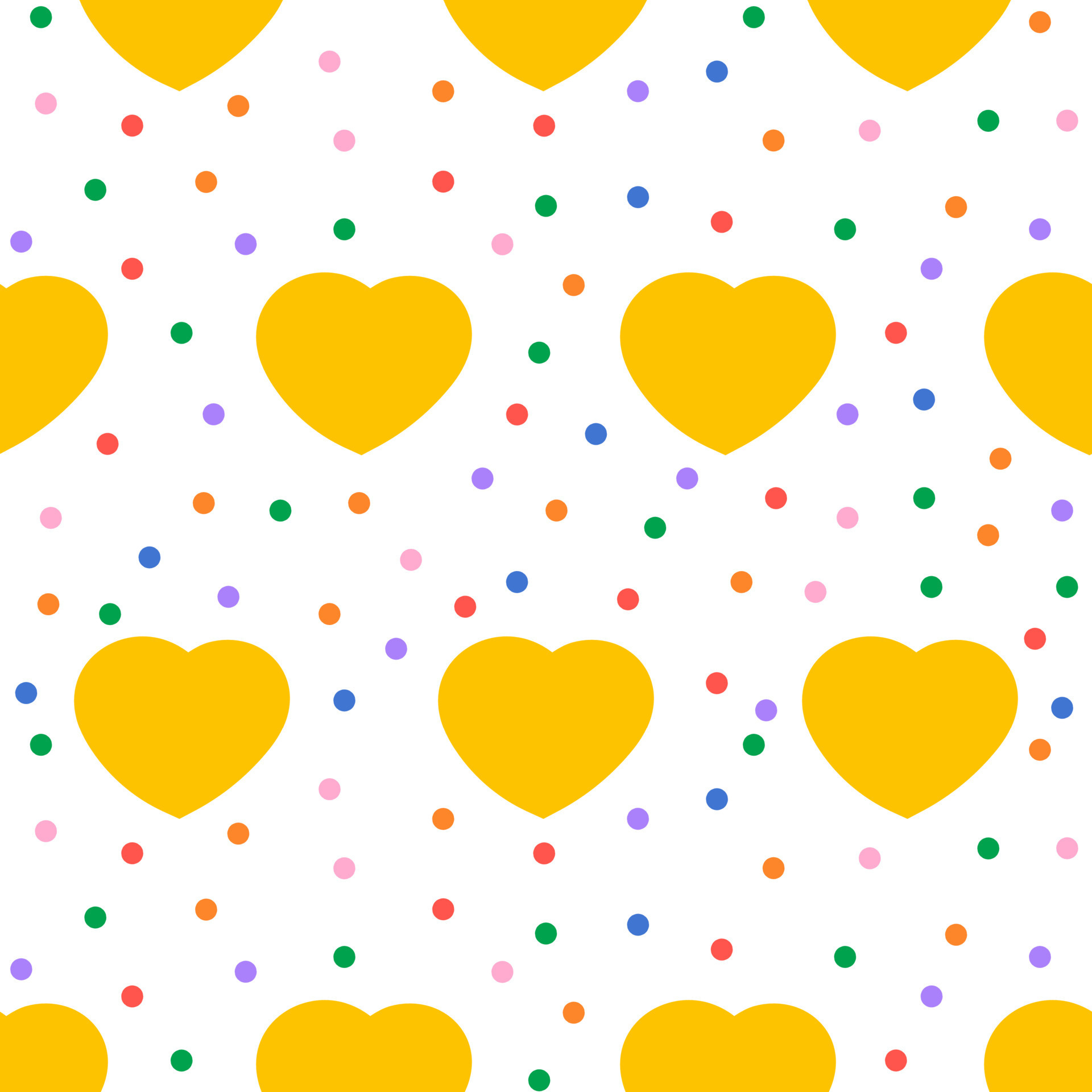 Cute seamless pattern with hand drawn yellow hearts, bright colorful points. Hearts and polka dot. Valentine's day background. Festive pattern for fabric, textile, wallpaper, gift, wrapping paper
