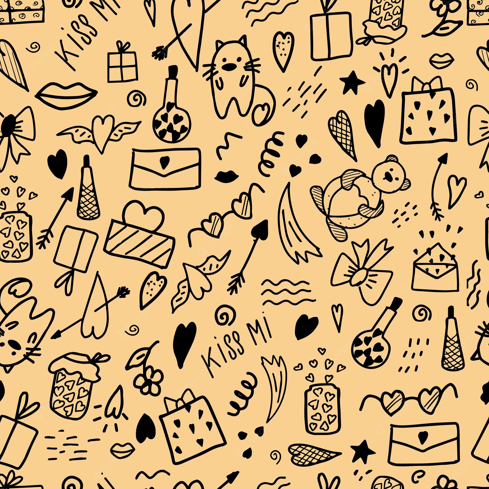 Premium Vector. Seamless illustration with doodle elements for valentine's day yellow background festive wrapping or wallpaper vector illustration on background