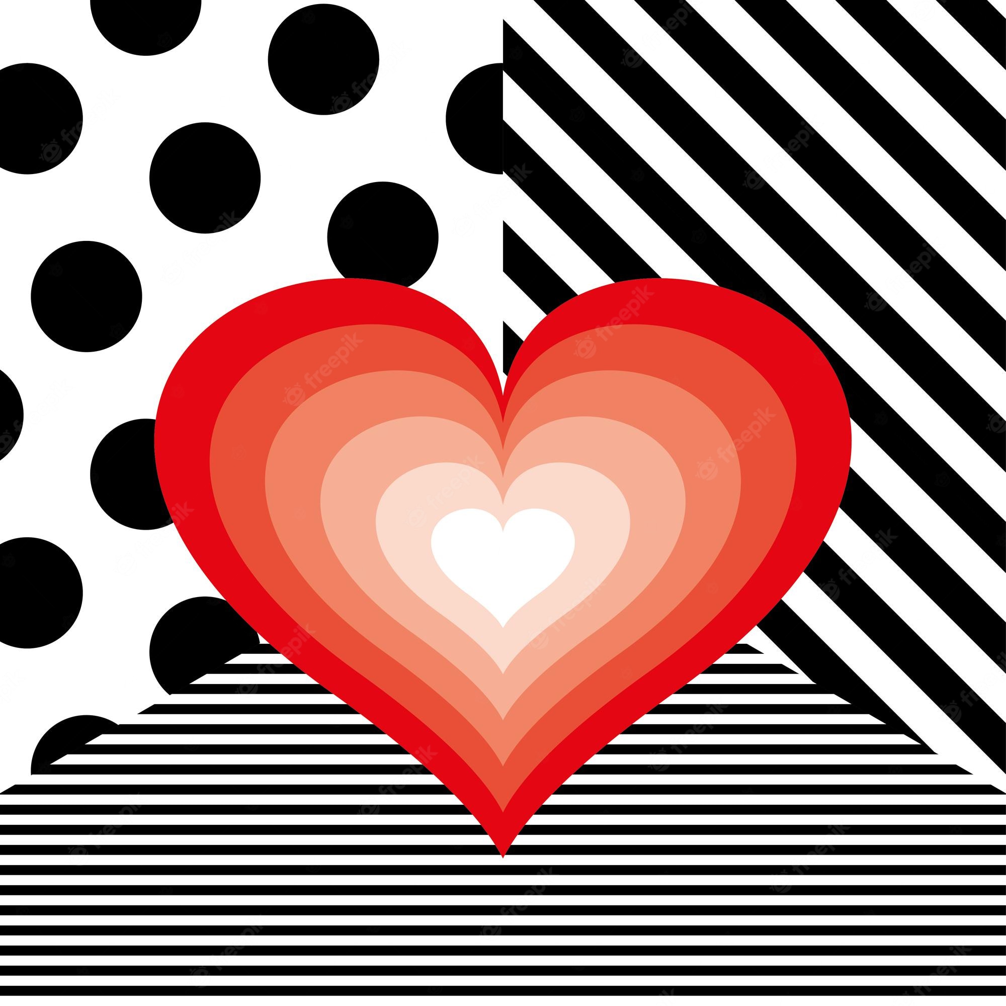 Premium Vector. Red heart on black and white modern stripes and dots background on valentine s day